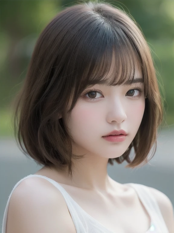 ((Browsing Caution))、(masterpiece:1.5)、(8k)、(Realistic:1.5)、RAW Photos、(Best image quality:1.4)、 highest quality、masterpiece、Perfect dynamic composition、 20-year-old、thin、Beautiful woman:1.4、Serious expression、 Light brown hair、Bobcut、Shiny Hair、 Highly detailed face、fine grain、double eyelid、 Natural color lip、Beautiful Skin,clear,Transparency,Fair skin,白い肌Beautiful Skin、beautiful girl、(masterpiece:1.3), (8k, Realistic, RAW Photos, Best image quality: 1.4), White panties、White camisole