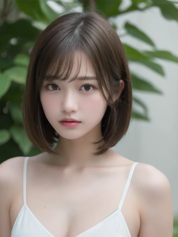 ((Browsing Caution))、(masterpiece:1.5)、(8k)、(Realistic:1.5)、RAW Photos、(Best image quality:1.4)、 highest quality、masterpiece、Perfect dynamic composition、 20-year-old、thin、Beautiful woman:1.4、Serious expression、 Light brown hair、Bobcut、Shiny Hair、 Highly detailed face、fine grain、double eyelid、 Natural color lip、Beautiful Skin,clear,Transparency,Fair skin,白い肌Beautiful Skin、beautiful girl、(masterpiece:1.3), (8k, Realistic, RAW Photos, Best image quality: 1.4), White panties、White camisole