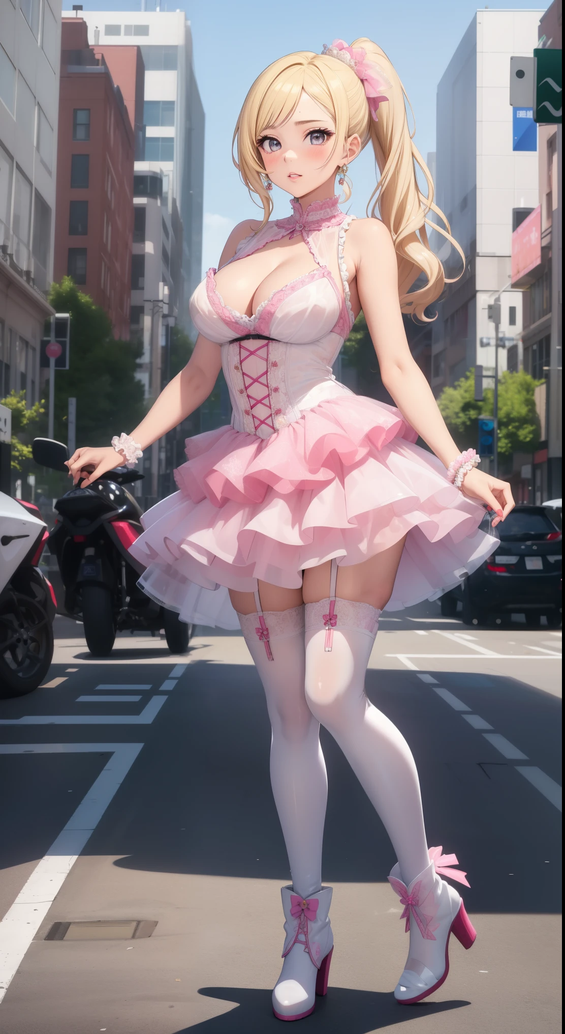 masterpiece, best quality, highly detailed, ultra high res, ayase arisa, kitagawa marin, 1girl, solo, hair ornament, blonde hair, ponytail, glossy lips, full lips, sleeveless idol dress, very puffy skirt, flared skirt, pink thigh highs, white heeled boots, full body, city street, (see-through skirt:1.2), cleavage