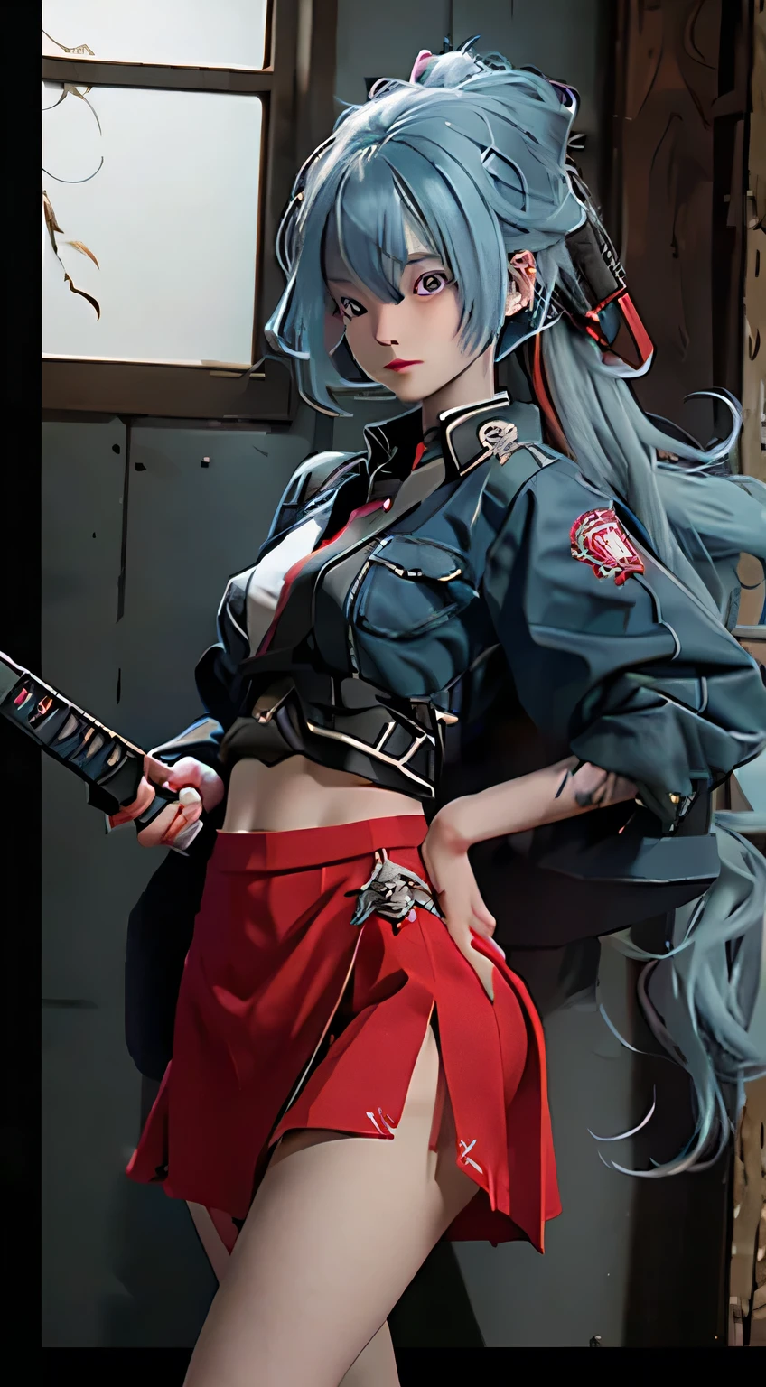 Little girl/blue hair/red eyes/long hair/shaking skirt/holding a gun