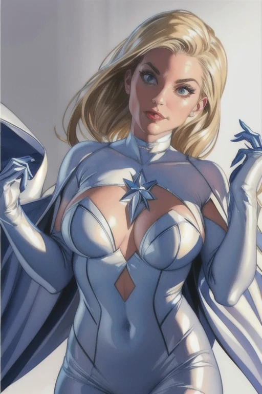 1 garota, Emma Frost, cabelo loiro, Espartilho Branco, capa branca, decote, luvas de cotovelo, meias altas, fundo gradiente simples