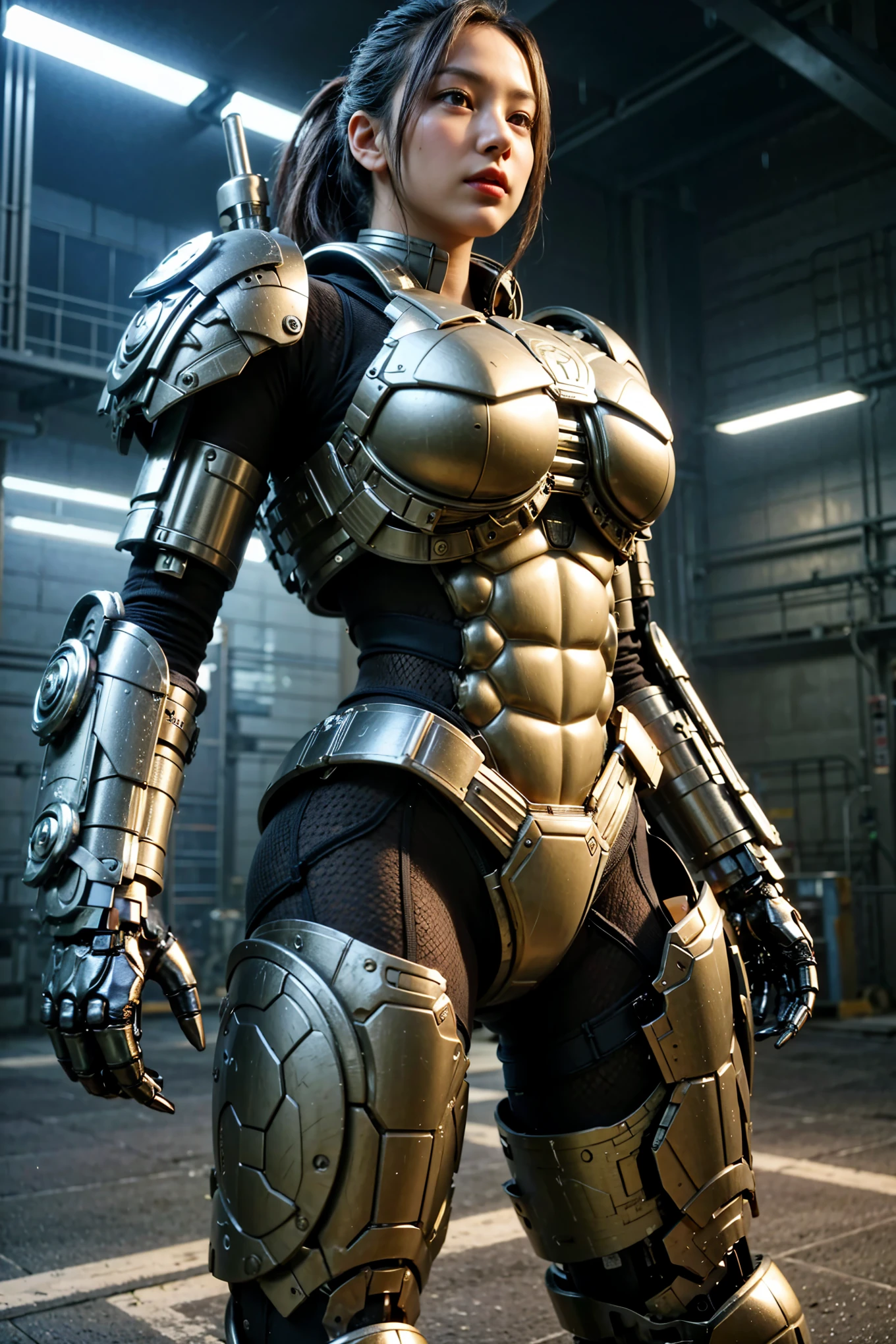 (masterpiece, best quality:1.2), (8k uhd, 16k, 32k, ultra high res), (ultimately intricate detail), (ultimately realistic texture), acrylic coating, turtle-like (mechanical:1.4) armor:1.1), designed by Katoki-Hajime, 1 person, beautiful face female soldier, multiple legs, heavily armored, heavy weapons, ultra realistic, full body shot, night view of bay industrial area, spotlight on character, Photorealistic style