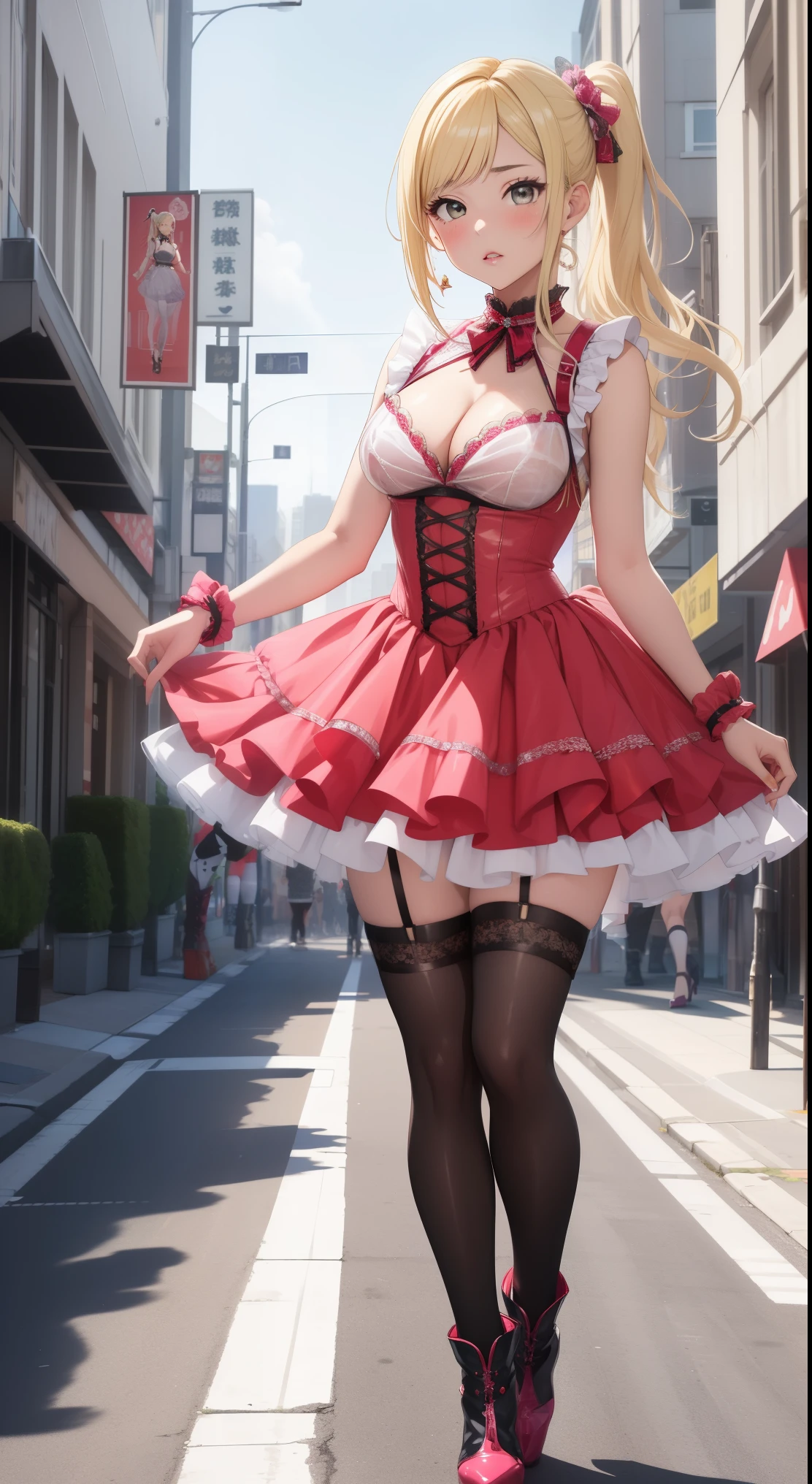 masterpiece, best quality, highly detailed, ultra high res, ayase arisa, kitagawa marin, 1girl, solo, hair ornament, blonde hair, ponytail, glossy lips, full lips, sleeveless idol dress, very puffy skirt, flared skirt, thigh highs, heeled boots, full body, city street, (see-through skirt:1.2), cleavage