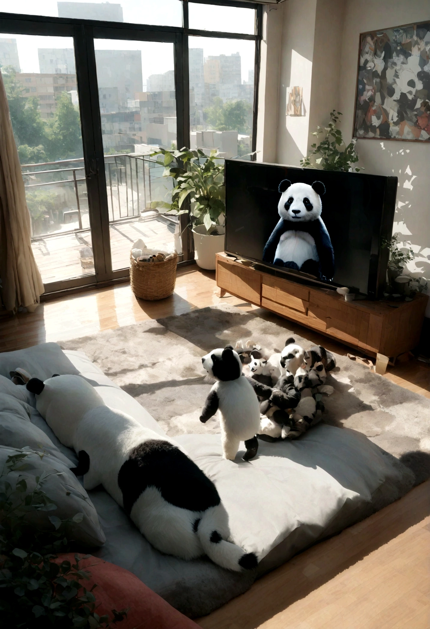 Help me draw a panda It's a baby panda I live in a modern apartment with big windows. Baby panda is watching big TV 4K Real Still a small panda