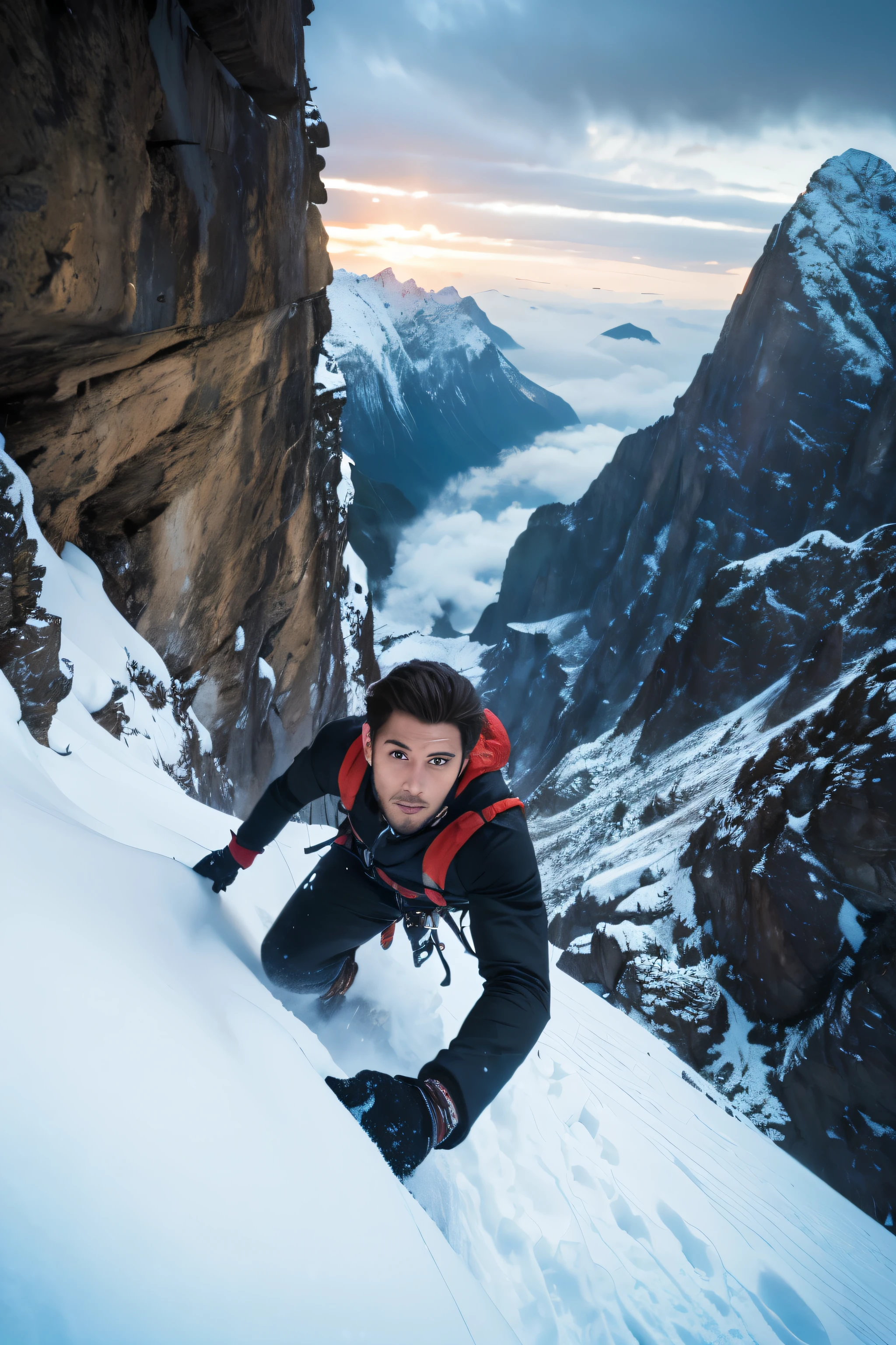 a man climbing a steep mountain cliff, dramatic closeup of face, eyes focused, reaching out to place pitons, epic landscape, dramatic lighting, cinematic, photorealistic, 8k, highly detailed, masterpiece、Snow Mountain、Blizzard、Snow is blowing、The whole thing is Snow Mountain、