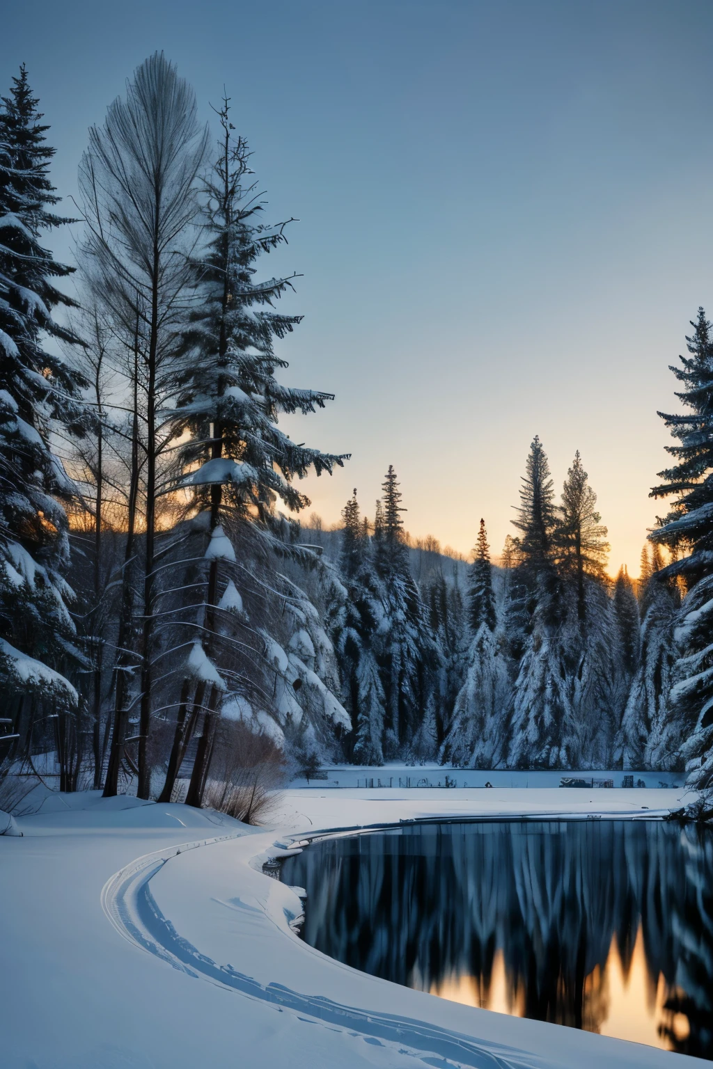 winter evening, small lake, forest