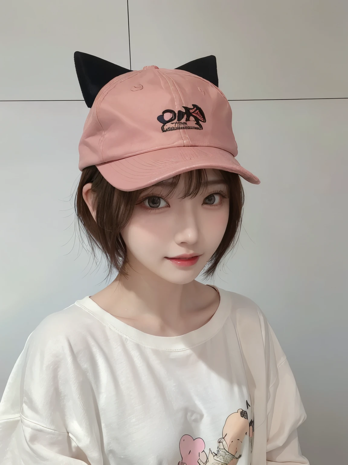 Best image quality、original photo、ultra high resolution、21 years old Korean、small breasts、dynamic angle、Cowboy shooting、The most beautiful form of chaos、elegant、Innovative design、bright colors、,light brown short hair、disheveled hair、light brown eyes 、black baseball cap(Facial expressionSmile)、short bob、Smile、Fair and shiny skin、beautiful eyes,random colors、The details are very beautiful、thin lips、Delicate and beautiful eyes、elongated eyes、Pale pink cheeks、long eyelashes、beautiful double eyelids、eye shadow、he、White Large T-shirt Sweatshirt、baggy pants、Shot from the side、sexy pose、enlarge