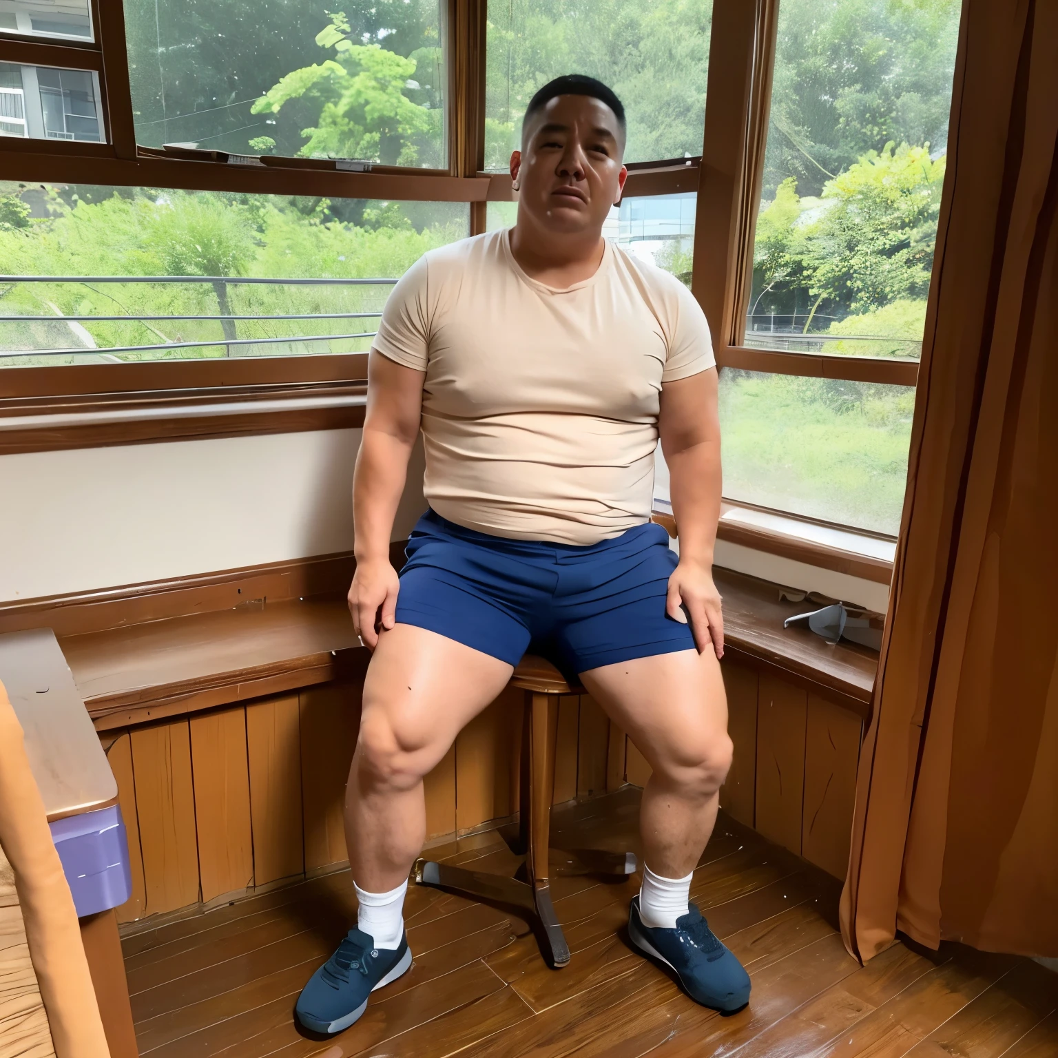 The thick man is asian, japanese, retarded, dwarfism, Age 50 yo, Fatty muscle, crew cut, thin hair, Bowleg, Wearing light color shorts, in classroom, scared, Weak, sobbing, tearful, incontinent, There is a small puddle at his feet, full body, realistic photo.