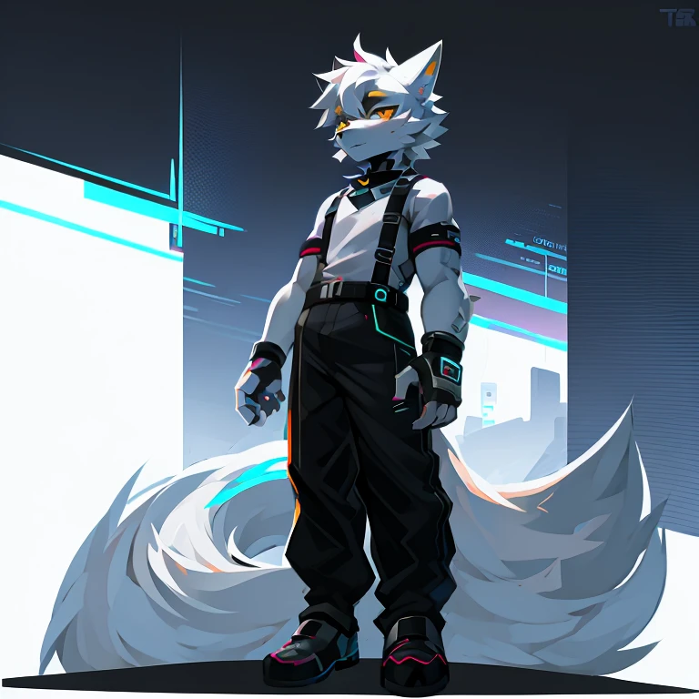 cyber punk perssonage，epcot，Tech style，solo person，White body，White ears，White hair，Overall white，Orange-yellow eyes，Wolf tail，Wolf orcs，Young，Wear a short-sleeved shirt，Ultra-clear screen，Soft lines