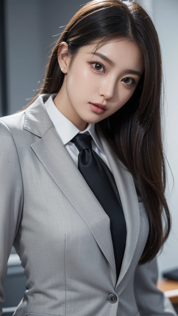 a woman in a gray suit and white shirt posing for a picture, wearing business suit, girl in suit, wearing a business suit, girl in a suit, elegant suit, business suit, high quality suit, business clothes, office clothes, wearing fashion suit, woman in business suit, korean women's fashion model, close-up professional portrait, grey suit