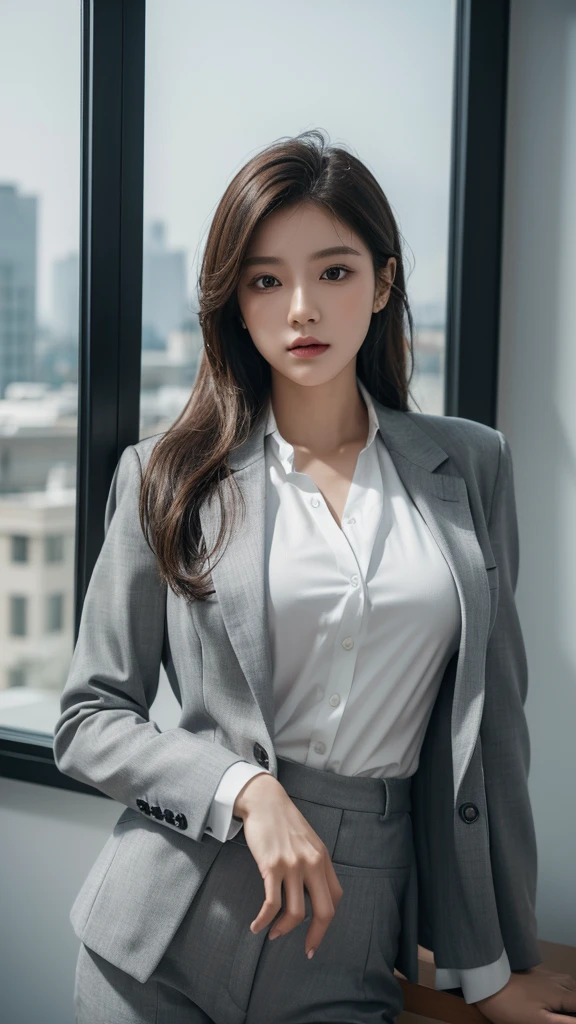 a woman in a gray suit and white shirt posing for a picture, wearing business suit, girl in suit, wearing a business suit, girl in a suit, elegant suit, business suit, high quality suit, business clothes, office clothes, wearing fashion suit, woman in business suit, korean women's fashion model, close-up professional portrait, grey suit