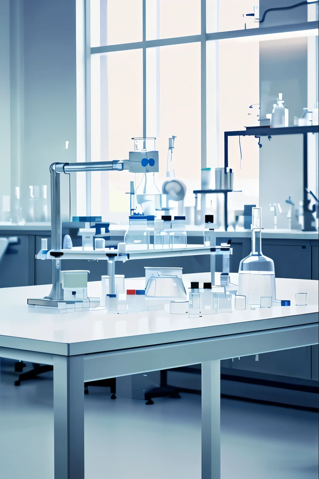 Realistic modern chemical medicine laboratory laboratory table with no people，Chemical instruments beaker flask petri dish glass