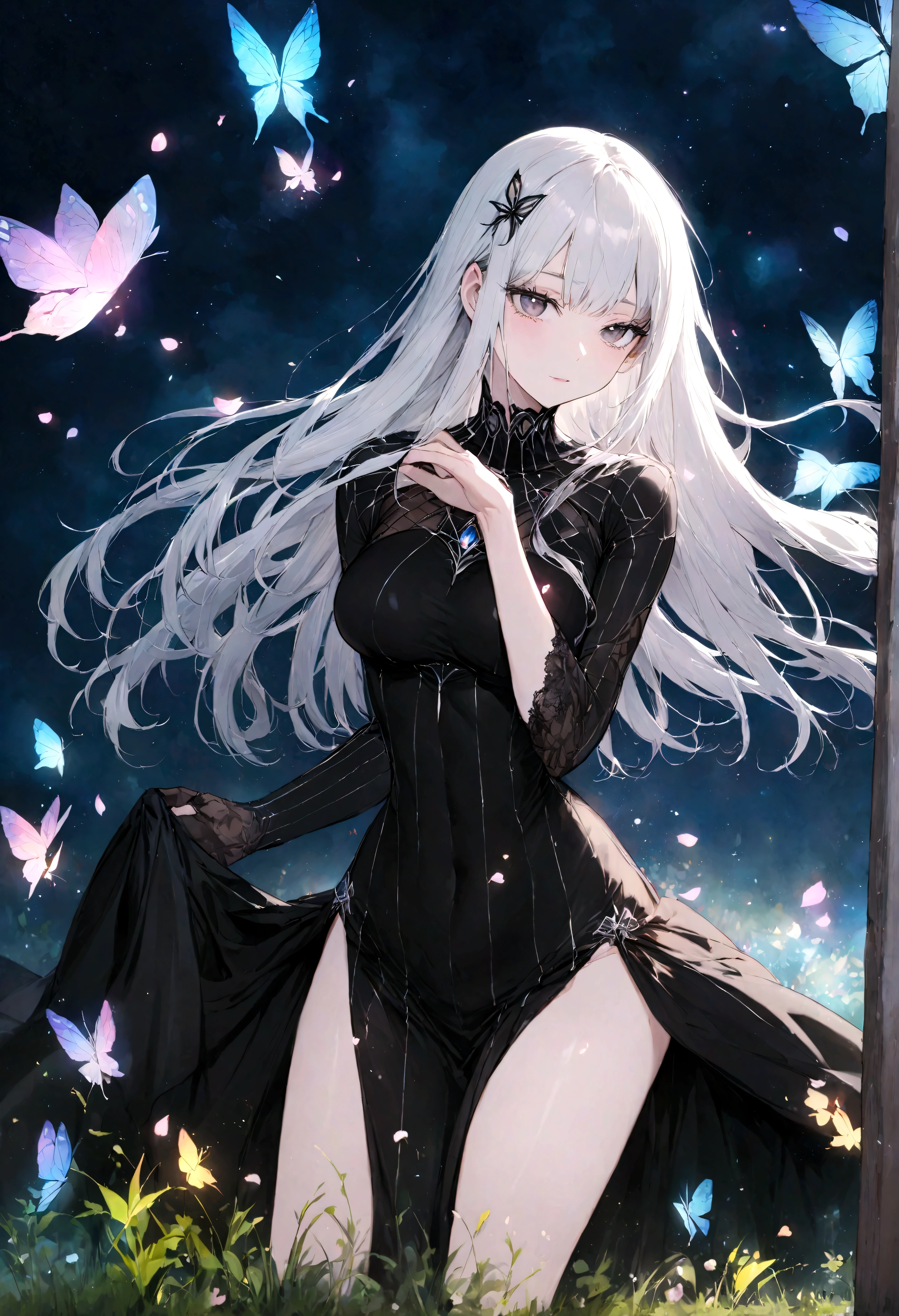 masterpiece, best quality, high resolution, best illustration, super fine illustration, (official art:1.2), anime screencap, (detailed beautiful face and eyes), anime keyvisual, perfect anatomy, 8k portrait, best fingers, good hands,
1girl,
Echidna,
Echidna \(re:zero\),
long hair,
white hair,
(black eyes:1.2),
butterfly hair ornament,
small breasts,
long black dress, black cape,
looking at viewer,
cowboy shot,
natural light, background of indoor, lie on the bed,