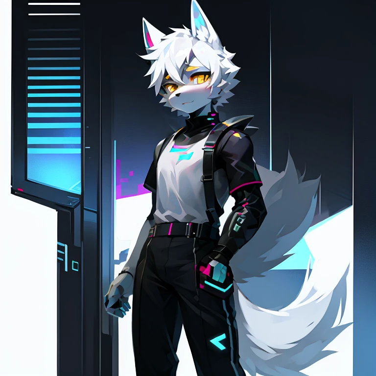 cyber punk perssonage，epcot，Tech style，solo person，White body，White ears，White hair，Overall white，Orange-yellow eyes，Wolf tail，Wolf orcs，Young，Wear a short-sleeved shirt，Ultra-clear screen，Soft lines