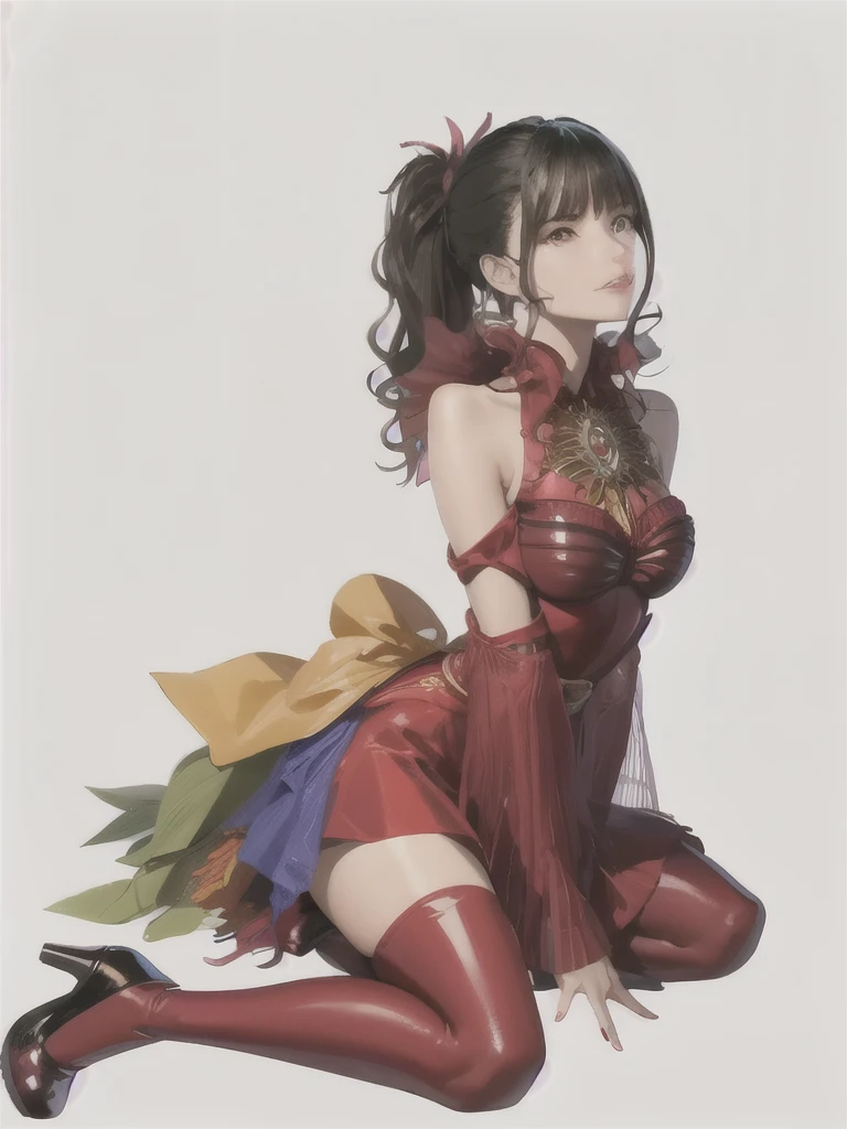 (extremely detailed CG), (best quality), 1girl,solo perfect face,  shiny skin, lustrous skin, wide hips, narrow waist, AguileraRevice, long hair,ponytail,boots,red footwear,bare shoulders,high heels,nail polish, hair ornament,bangs,jewelry black hair,detached sleeves,yellow underwear red short shirt, ,evil grin,at sand beach stepping on someone with heel