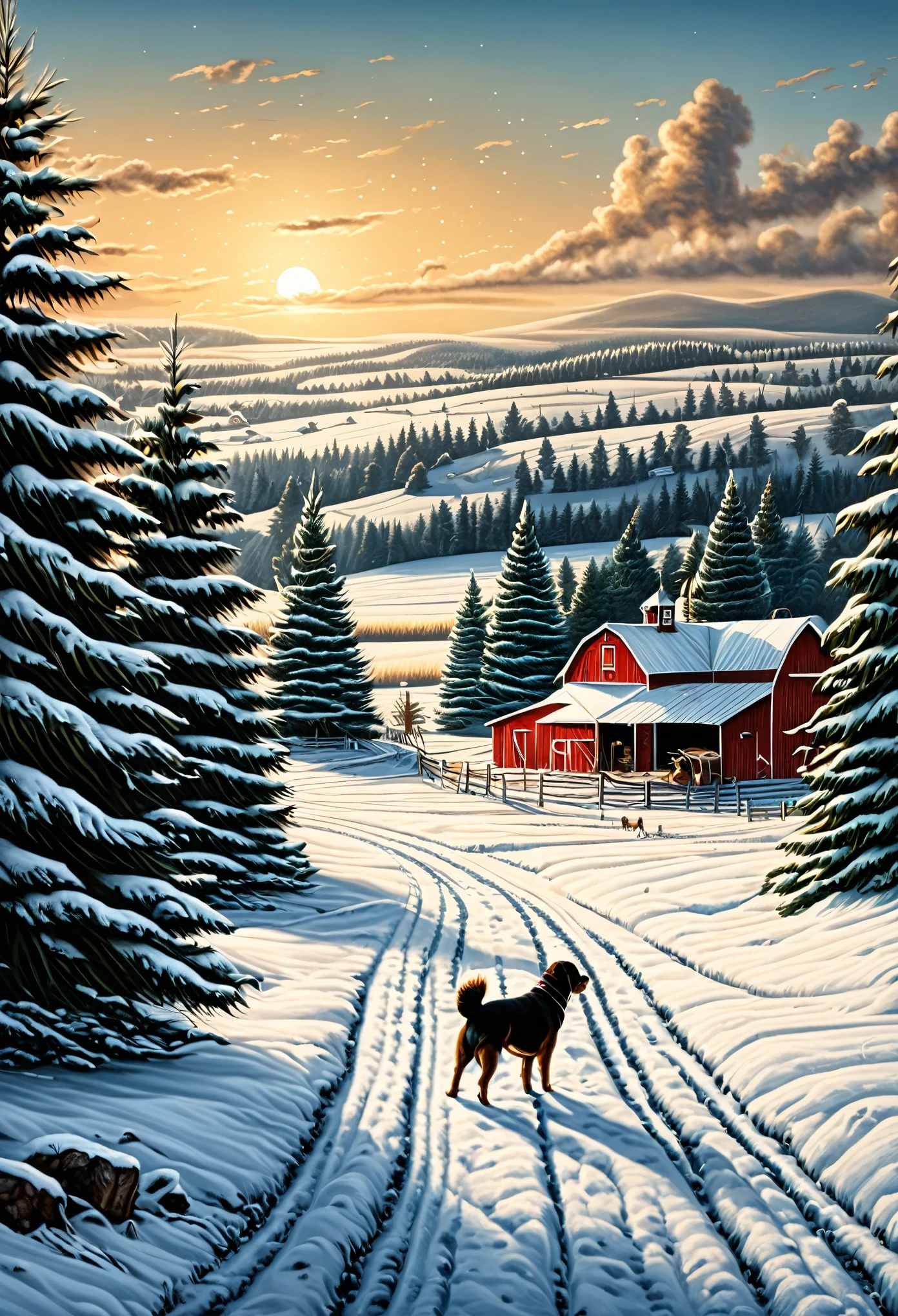 Drawing of a farm with Christmas trees and a dog, Terry Redlin inspired portraits, Shutterstock, American Landscape Painting, 4K, 4k yen, 8k yen, 8k, 2 5 6 x 2 5 6, 256x256, detailed high resolution, High-resolution details, 3 2 × 3 2, 8k 4K