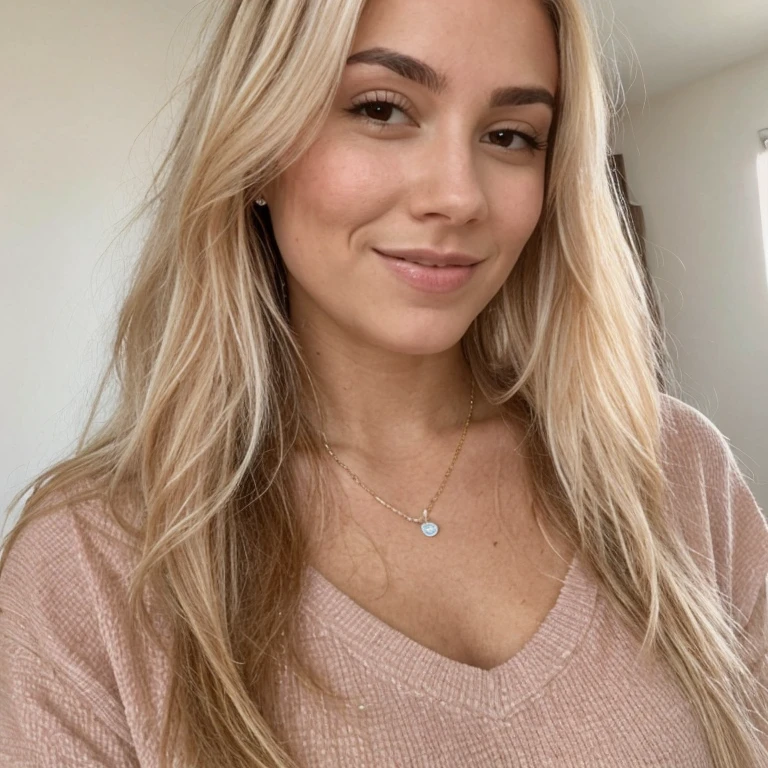 A 23-year-old blonde woman, ((Big boobs)), ((Hyperrealismus)) ,. blondes Haar mit hellbraunen Wurzeln. blondes Haar, Haare mit braunen Wurzeln, extra langes Haar, sehr langes Haar, wirklich lange Haare, Nice, Vorderansicht, selfie, Foto aufgenommen mit Passkamera, eleganter rosa Pullover, Lipgloss, HD-Foto, good quality, HD, shy smile, ultraHD, rollkragen , wohnzimmer, Wohnung, Full body photo, T-shirt, casual jogging pants