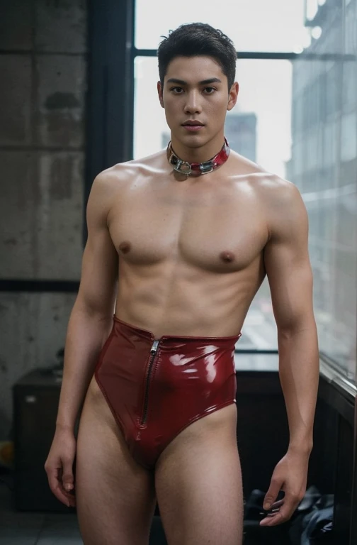 Japan man，Man,Youth，Best quality, crisp quality, Masterpiece, Highest resolution, Highly detailed, Red latex ，One-piece latex leotard，Tight latex ，No zipper，love heart，chest muscle，Full-body muscular figure，night club，mtu,Gay，head to toe，toeless legwear，mitts，Collar ,only boy , only male, buzz cut hairstyle  , wide pelvis ,  wide hips , phat hips , thick thighs, (((only male , only boy)))