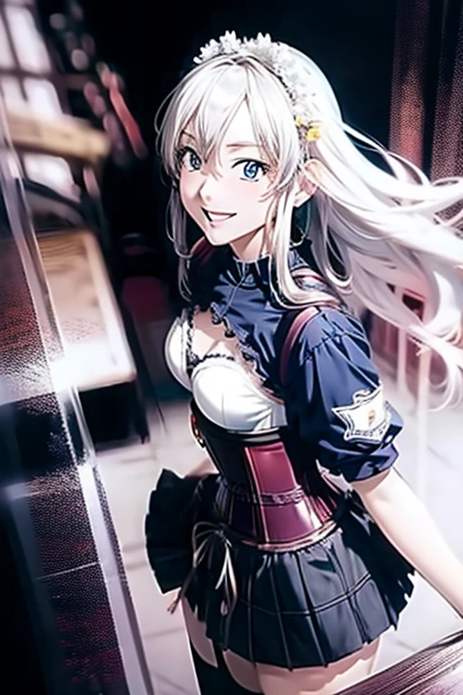 anime girl, (corset dress: 1.2), (stockings), (Big smile), (whole body), (Long white hair), (View from above), (Hair in one eye),Enchanting anime girl, Best anime 4K, wallpapers, Attractive anime girl, 4k anime wallpaper, 4K Manga Wallpaper, Detailed digital anime art, Anime Best Girls, Beautiful Anime Girls, cyber punk, Detailed anime artwork, Beautiful and attractive anime women