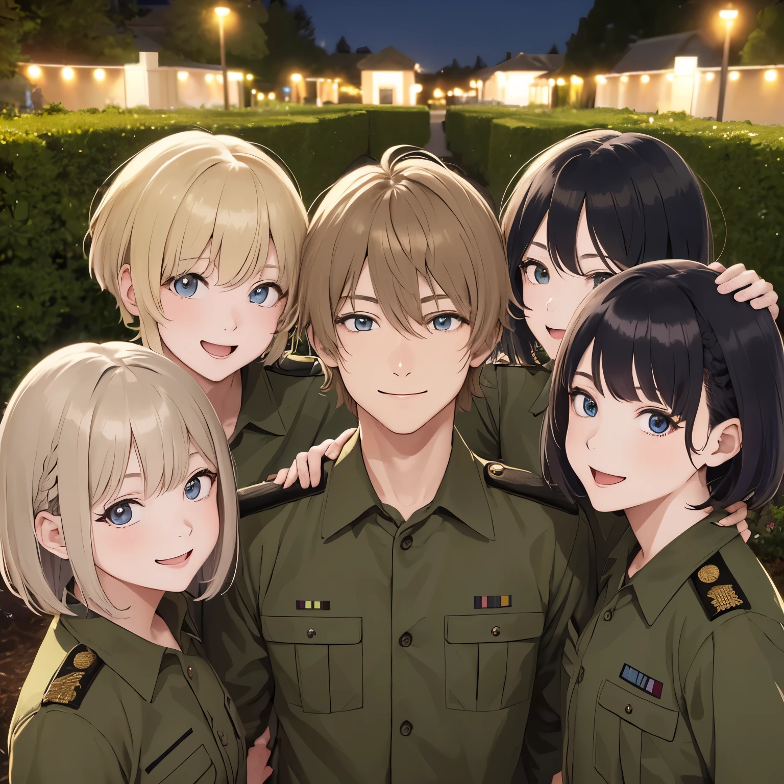 4 People, girls and boys,happy expression, smile,wearing army uniforms,30 years old, different hairstyles, different hair colors, different hair styles, different eye colors, ultra detail, ultra HD, garden background,standing,close up photo ,at night