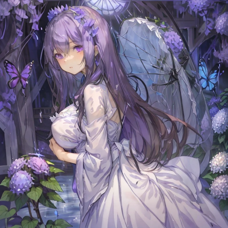 1 girl、Mature、Ample breasts、Purple Hair、Long Hair、Sharp Eyes、Purple Eyes、Hydrangea Dress、Lots of hydrangeas、Butterflies fluttering、Beautiful Blue、In front of the mysterious stained glass、look back、light rain、Weather showers、Sunlight shines、prism、Water Drop、Like a watercolor painting、Cinema Lighting、High resolution、highest quality、masterpiece