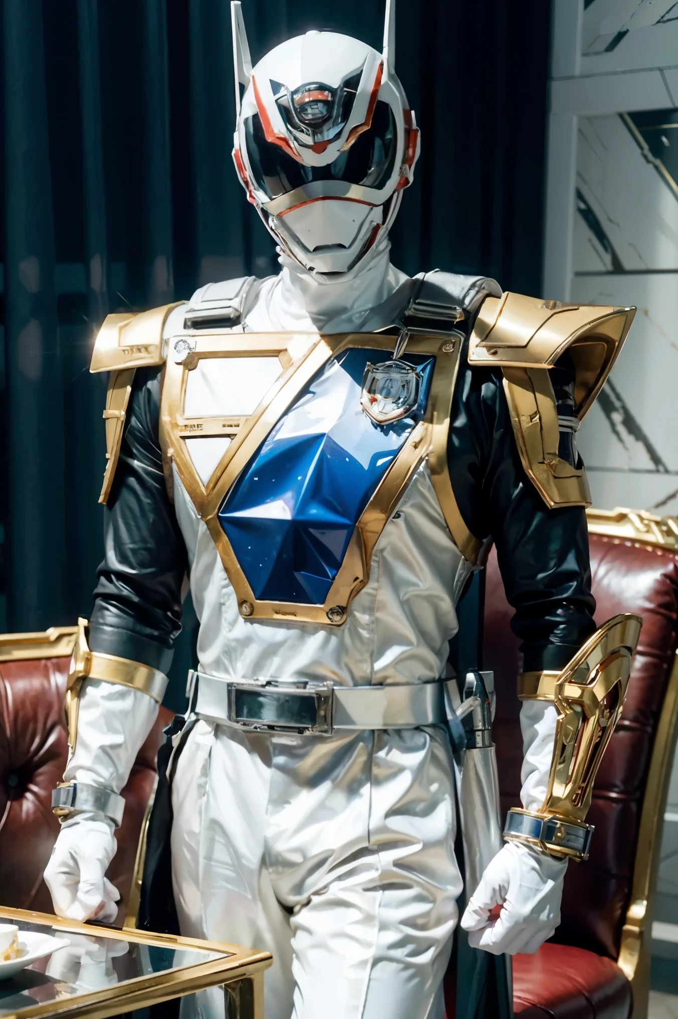 Fantasy background, cafe rpg style, empty chair, table, set of tea glass, (power rangers)), One guy、, ((white ranger suit)), red and blue chest armor with gold details, costume, Solo, ((fit figure)), (Anatomically correct), Cowboy shot, masked face, guns, muscular build