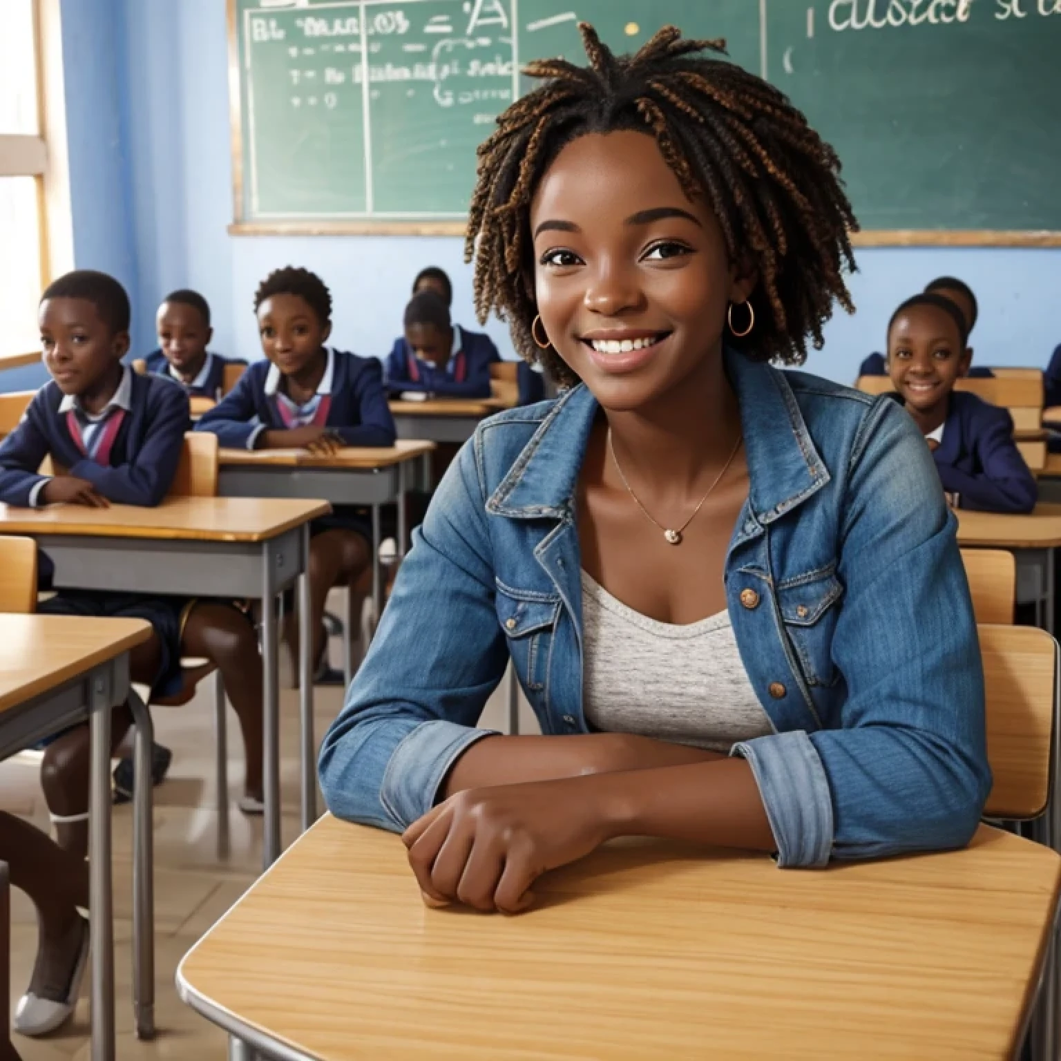 Image de Djeneba souriante devant une salle de classe