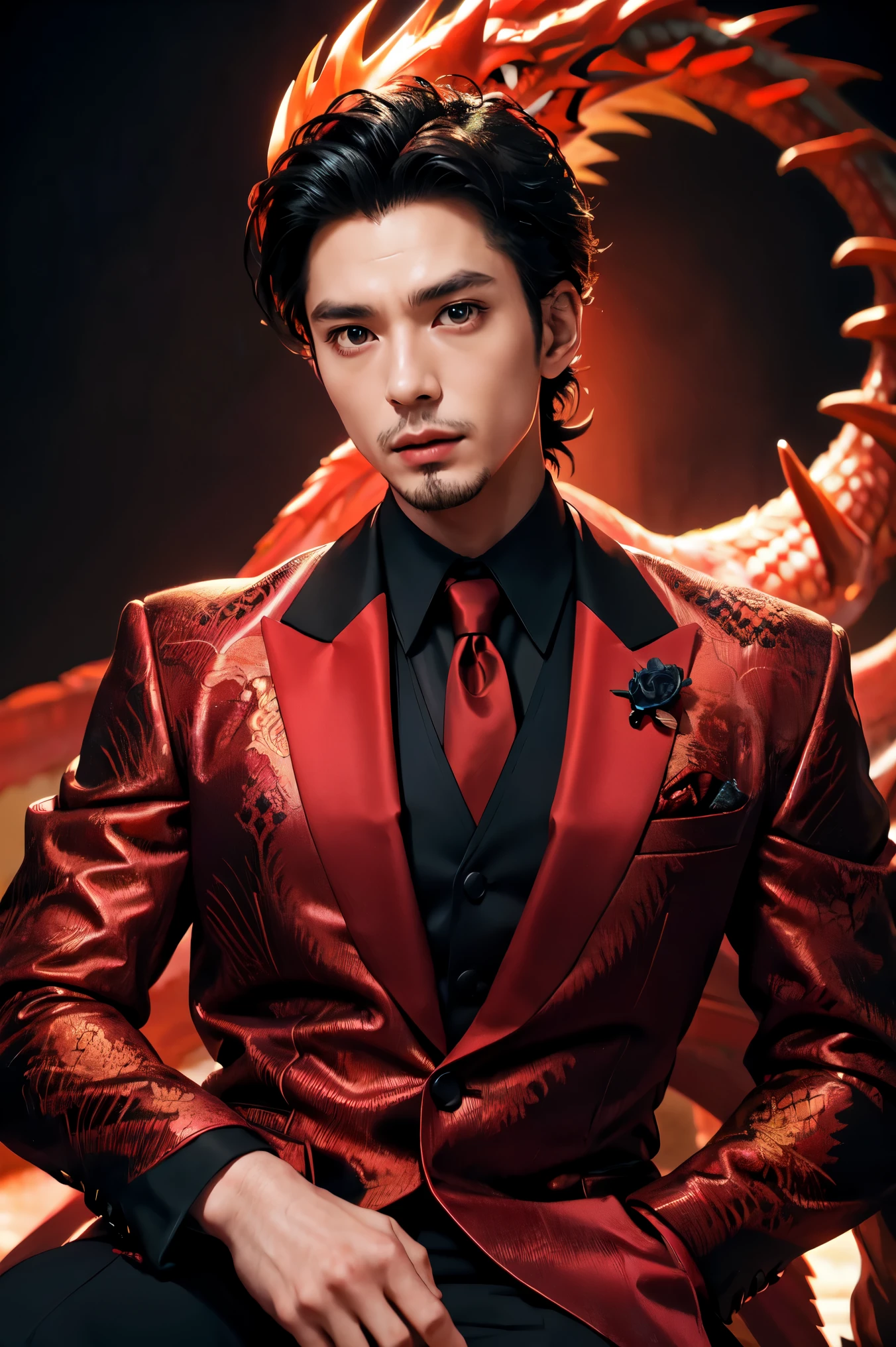 anime man in a suit and tie with a dragon in the background, dragon - inspired suit, by Yang J, human and dragon fusion, handsome japanese demon girl, handsome girl in demon slayer art, epic and classy portrait, trendin on artstation, by Oliver Sin, crimson attire, black and red suit, highly detailed exquisite fanart, handsome female vampire