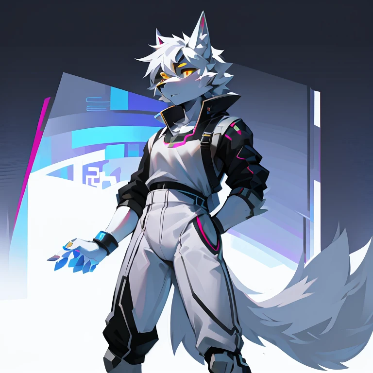cyber punk perssonage,epcot,Tech style,solo person,White body,White ears,White hair,Overall white,Orange-yellow eyes,Wolf tail,Wolf orcs,Young,Wear a short-sleeved shirt,Ultra-clear screen,Soft lines