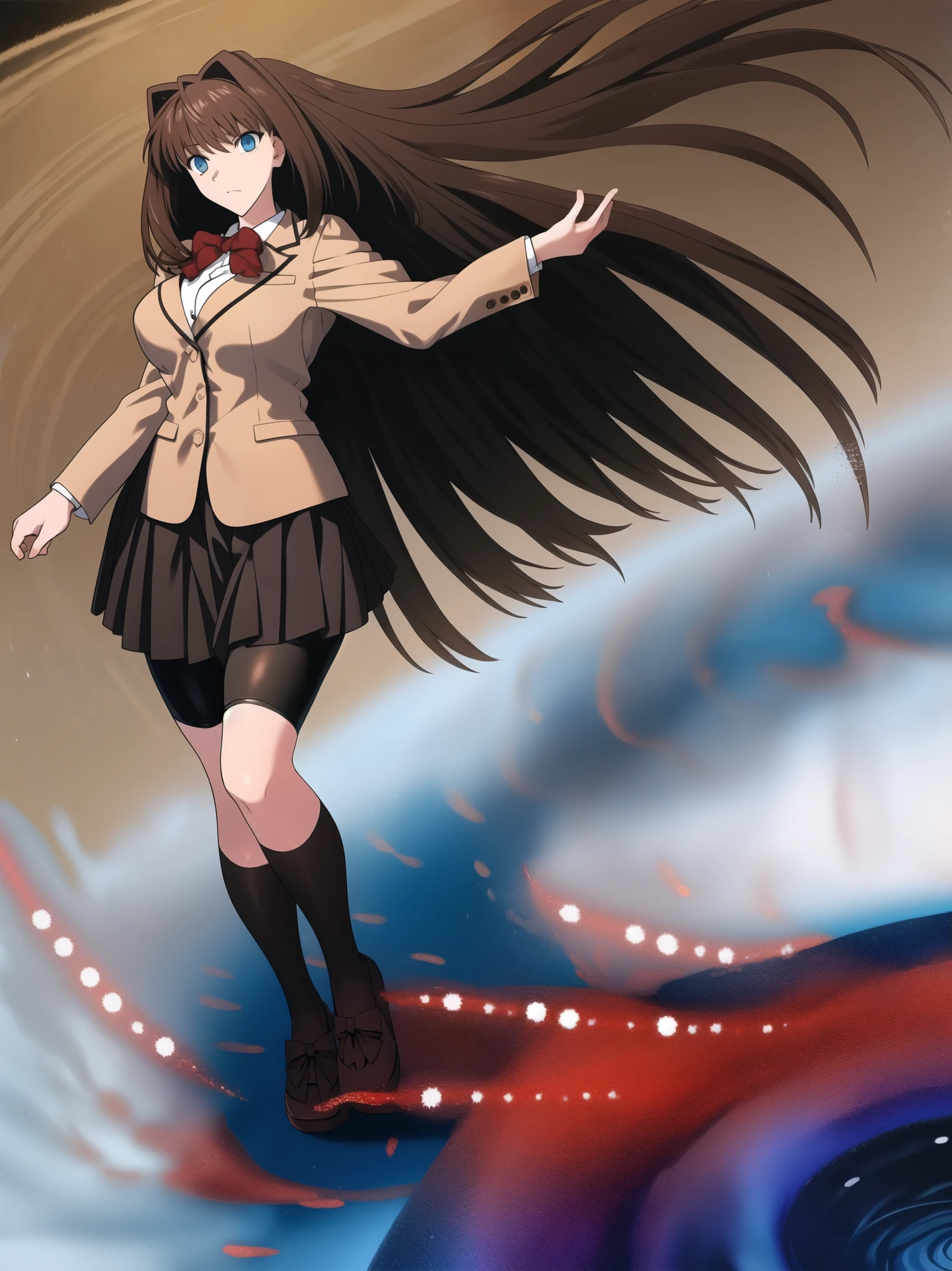 BREAK, centered. BREAK, (EMPTY BACKGROUND), BREAK (masterpiece:1), best quality, high resolution, 8k, illustration, (beautiful detailed eyes:1.5), extremely detailed face, extremely detailed body, CG, perfect hands, perfect anatomy, (((1girl))), ((solo)), ((bbaoko)), ((2 legs max)), ((2 feet max:1.6)), ((swirling vortex shaped longest brown hair:1.5)), (brown longest hair with slightly reddish undertone:1.6), (lush luscious longest brown hair:1.6), (very long voluminous longest brown hair:1.5), serious, blue eyes, red bowtie, (Form-fitting beige blazer:1.5), brown jacket, (highly detailed beautiful face:1.2), (white shirt:1), (well shaped large breasts:1.6), (nice hips:1), (((Umber pleated thigh-high skirt:1.6))), (((black bike shorts:1.4))), (toned thighs:1.6), (jetblack thighhighs:1.6), (strap shoes brown color), (facing front:1.5), ((standing straight:1.5)), ((Fullbody in frame:1.6)), ((Full body:1.5)), ((takeuchi takashi:1.3))