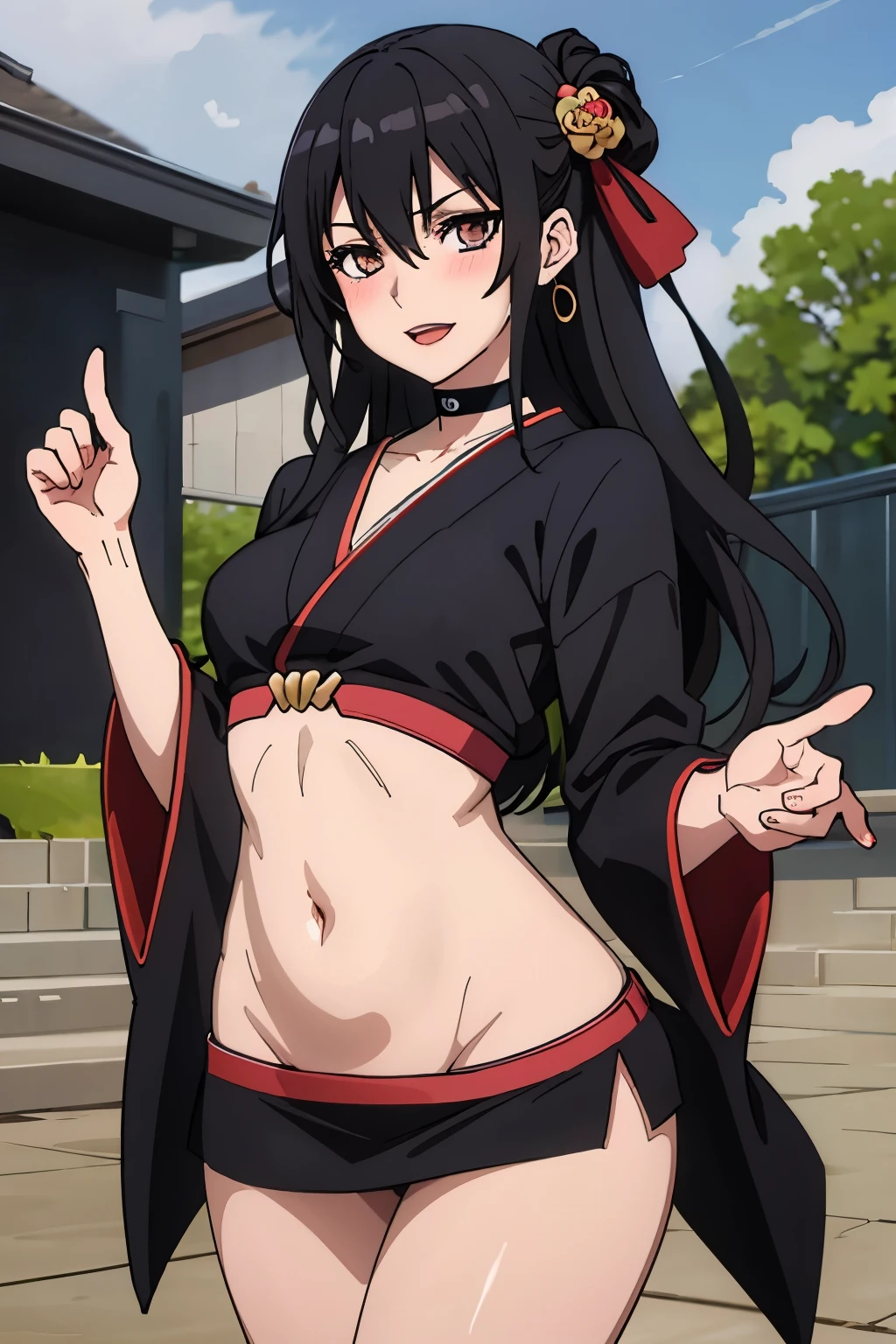 ,1girl,((dynamic pose))  Guideau, black hair, solo, long hair, choker,  black choker, purple eyes, jewelry,  bangs, hair between eyes, earrings, blush, lipstick, masterpiece, best quality, highly detailed, a anime girls in kimono dress with a sword posing for a
picture, bare shoulder,open kimono, evil smile, open mouth, crop top , (nsfw) not safe for work, smile,
ecchi anime style, anime girls, ecchi style, ecchi, digital anime art!!, in anime style, official artwork, visual
novel cg, beautiful anime girl, anime style 4 k, kimono pencil skirt, exposed belly, exposed navel,
exposed midriff, exposed lower belly, outdoor, japanese architecture, temple,