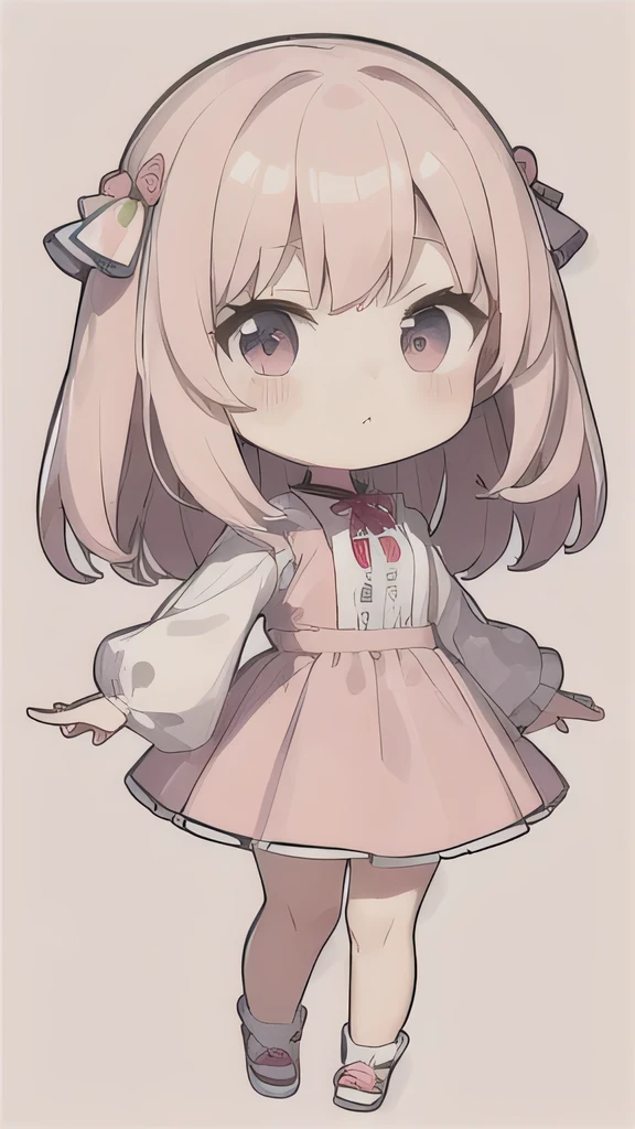 Masterpiece ,best quality,Short body, girl chibi,,cute,cartoon anime,full body,cute,Light pink background,simple outfit,Stand alone.,