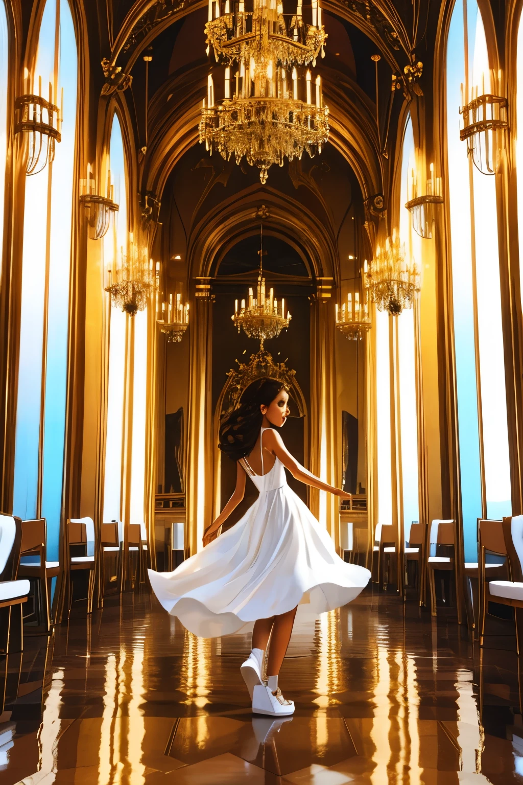 A dancing brunette girl in a bright white dress in a hall of mirrors, her reflections clear across the magnificant hall that tapers towards eternity.