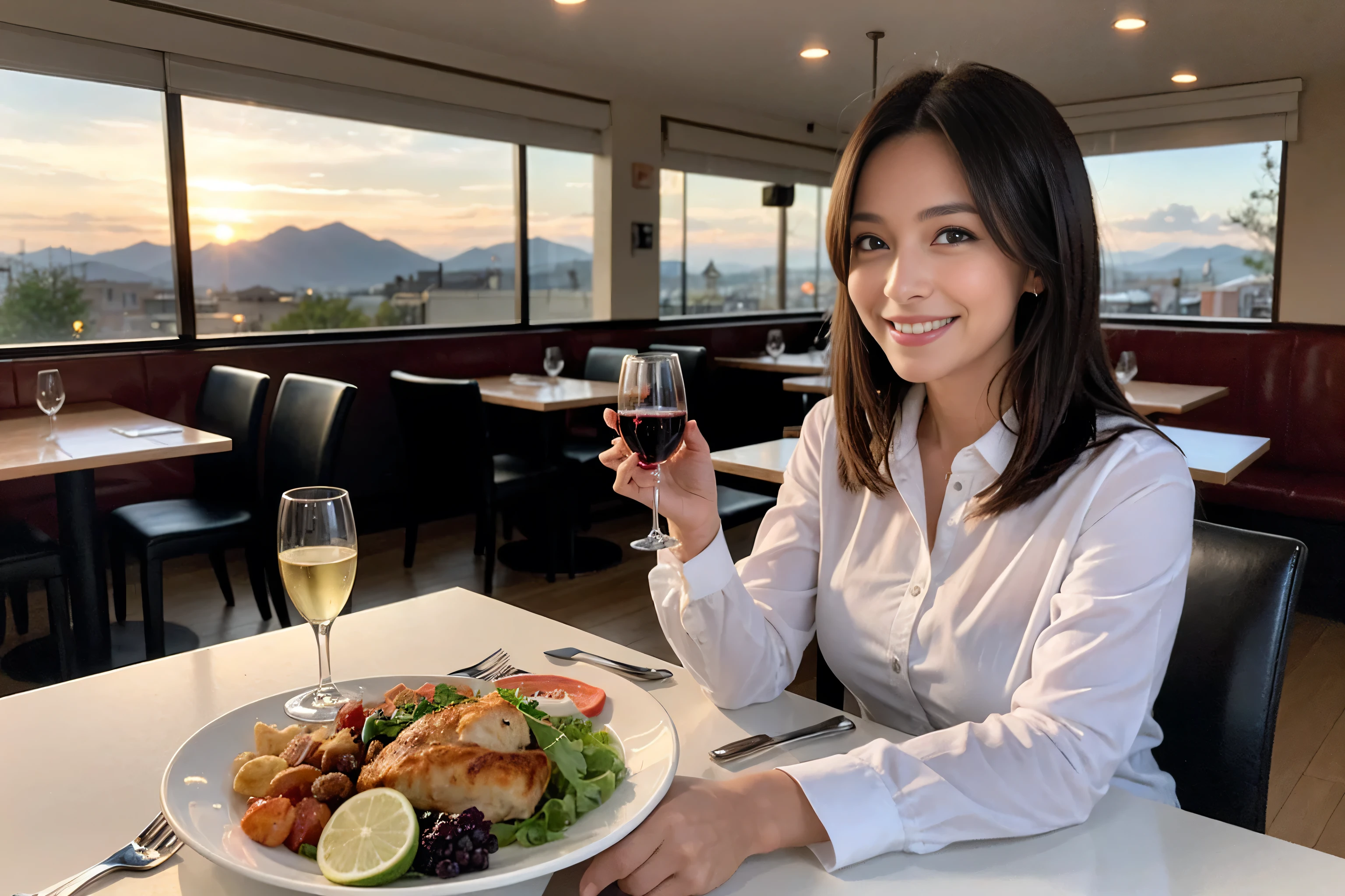 ((highest quality、8k、masterpiece:1.3))、1 male 1 female、Lovers、beautiful couple、Happy Smile、 (Slim face), (The body is スリム), (Brown Hair), (Shortcuts), ((Bob Hale、Straight hair:1.2)), Wine glass on the table、Please put light on my face、 Amazing view of the sunset sky and clouds、Amazing mountain views、The wonderfulness of smiles、Bright image、Blushing, Shortcuts,Bright Face、 (Age 35), 39 years old, red wine 、Appetizers、Italian food、Wine bottle、Champagne、sparkling wine、Long sleeve shirt、dress、Attractive beauty、restaurant, Nova Frog Style, actress, model, Upper Body, White wine, red wine, wine glass,