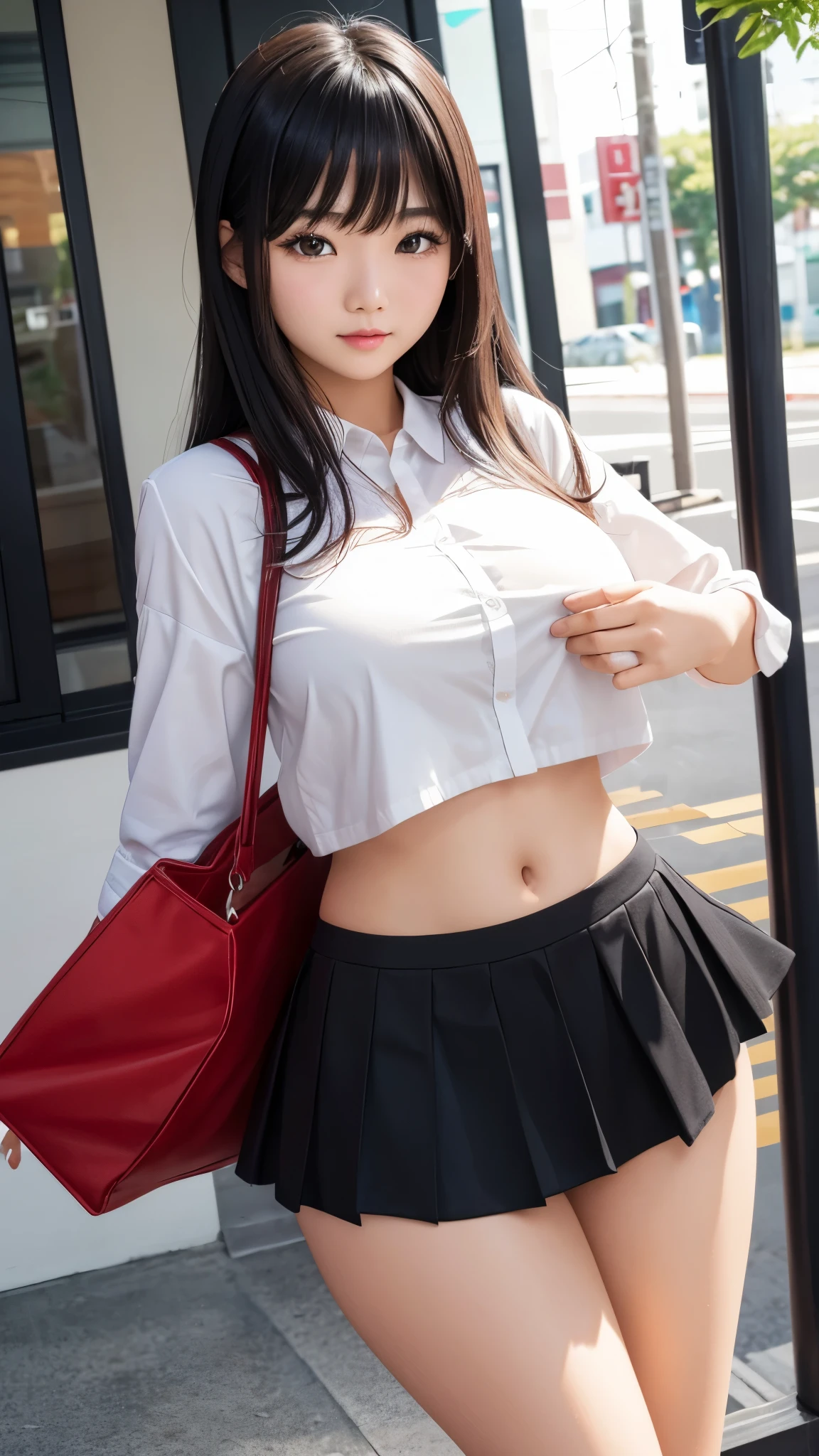 Detailed face、highlight、Asian Girl、thigh、breast enhancement、black髪、Heavy bangs、skirt、red、black、white