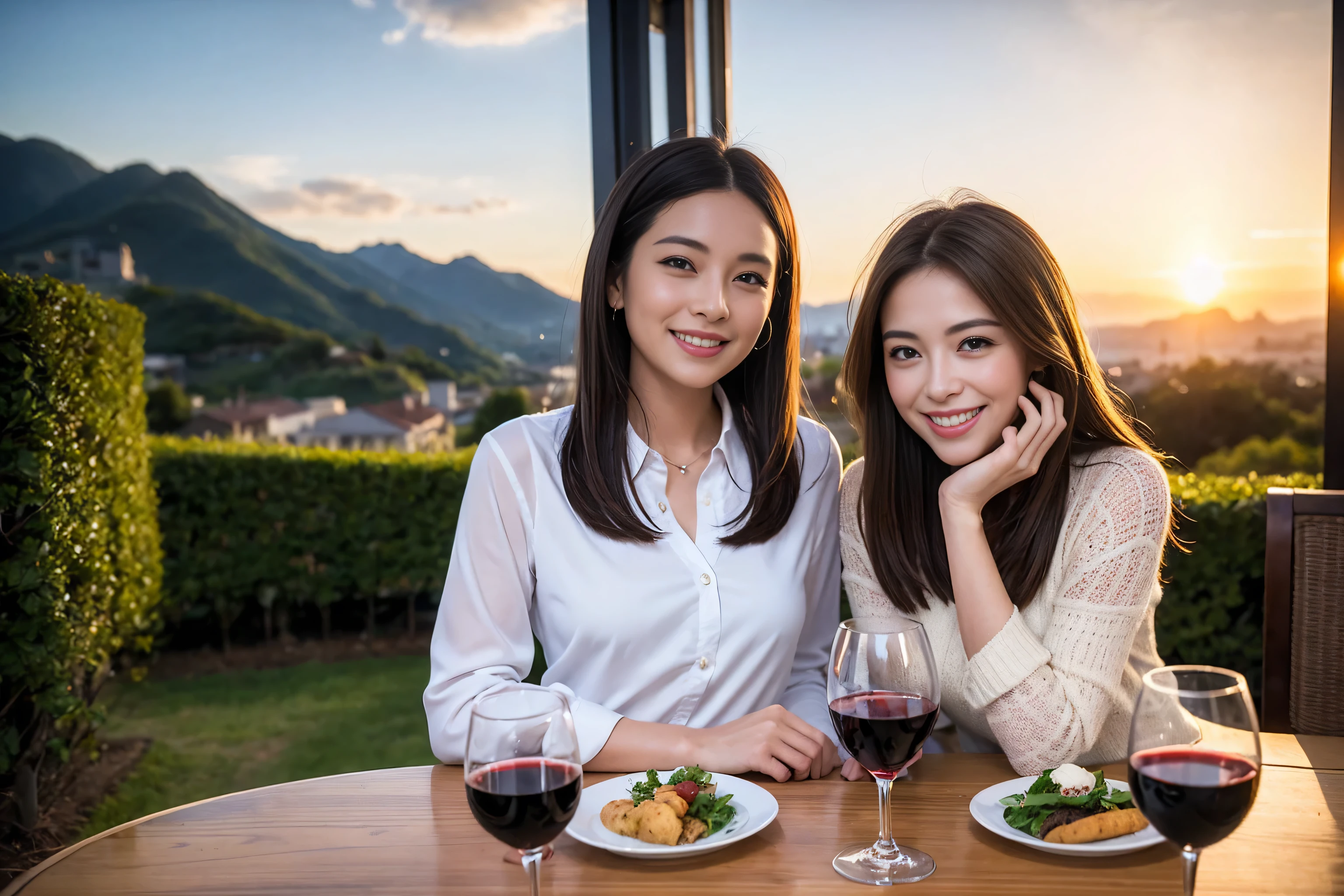 ((highest quality、8k、masterpiece:1.3))、1 male 1 female、Lovers、beautiful couple、Happy Smile、 (Slim face), (The body is スリム), (Brown Hair), (Shortcuts), ((Bob Hale、Straight hair:1.2)), Wine glass on the table、Please put light on my face、 Amazing view of the sunset sky and clouds、Amazing mountain views、The wonderfulness of smiles、Bright image、Blushing, Shortcuts,Bright Face、 (Age 35), 39 years old, red wine 、Appetizers、Italian food、Wine bottle、Champagne、sparkling wine、Long sleeve shirt、dress、Attractive beauty、restaurant, Nova Frog Style, actress, model, Upper Body, White wine, red wine, wine glass,
