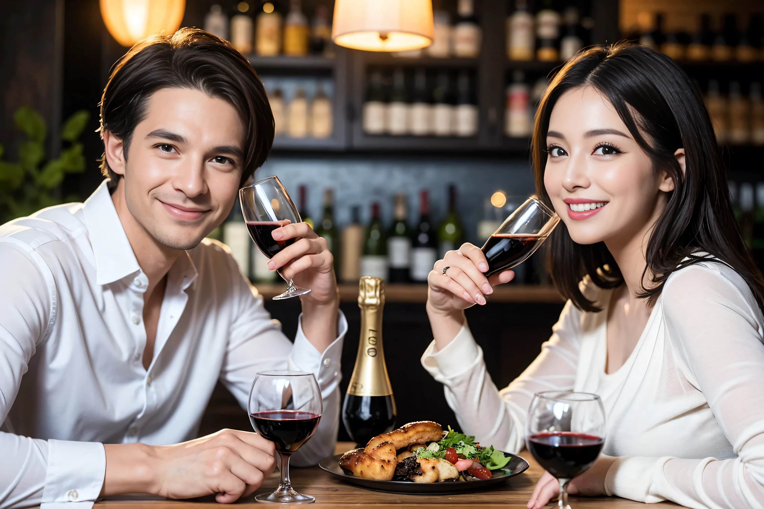 ((highest quality、8k、masterpiece:1.3))、1 male 1 female、Lovers、beautiful couple、Happy Smile、 (Slim face), (The body is スリム), (Brown Hair), (Shortcuts), ((Bob Hale、Straight hair:1.2)), Wine glass on the table、Please put light on my face、 Amazing view of the sunset sky and clouds、Amazing mountain views、The wonderfulness of smiles、Bright image、Blushing, Shortcuts,Bright Face、 (Age 35), 39 years old, red wine 、Appetizers、Italian food、Wine bottle、Champagne、sparkling wine、Long sleeve shirt、dress、Attractive beauty、restaurant, Nova Frog Style, actress, model, Upper Body, White wine, red wine, wine glass, 