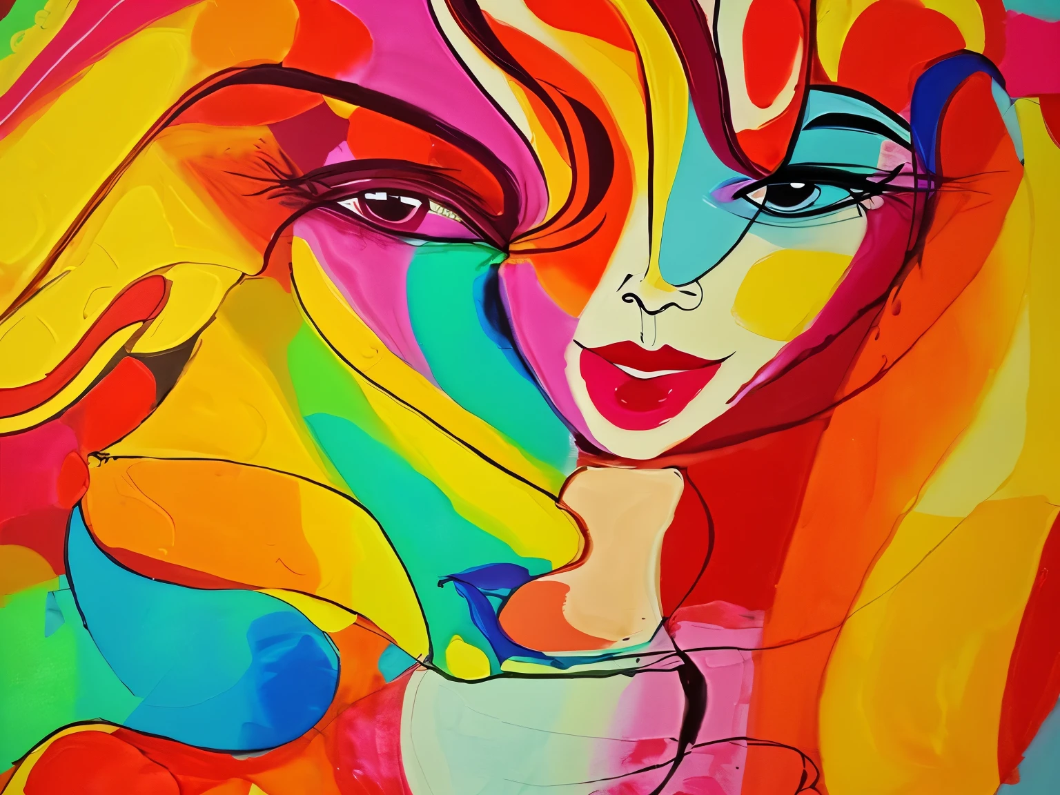 Abstract painting with bright colors，Depicts a woman&#39;s face on a black background, number艺术. Colored Manga, Nonlinear. number, High-contrast HD with vivid colors, Swirling bright colors线条, Swirling vibrant lines, Abstract psychedelic, abstract number艺术, vibrant number, very trippy and abstract, Swirling bright colors, AMOLED wallpaper