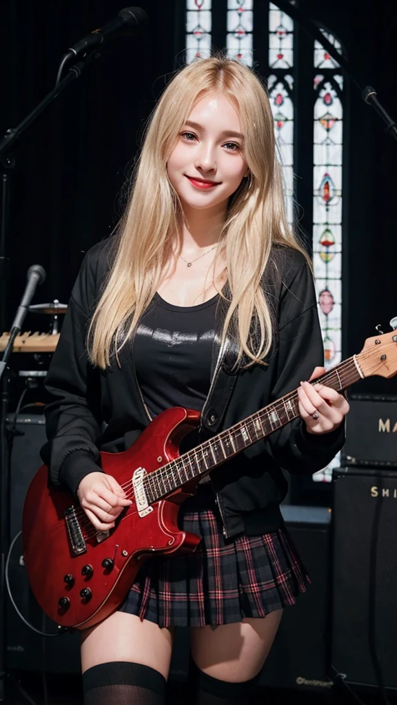 ((best quality)), photorealistic, photorealism, Photorealistic, high resolution, school girl blazer、 black t shirt、Red checked knee-length skirt、Long skirt、JK Style、Jacket、smile、Knee-high socks、Thigh-high socks、pantyhose、A superb beauty、Super cute、ennui、Rare beauty、pony tail hair、Black Dark Eyeshadow、Sad、white skin、pale skin、Long hair straightener、Dark Gothic Makeup、Cute Smile、Fragrant beauty、Stained glass background、Mastepiece、Best Quality、Refers to 5 books、Sweat glistening on my chest、Sweat glistening on my face、Small breasts、Blonde hair、Age 20 years old、Mysterious look、A sad expression、Blonde Hair、mysterious gothic church、enchanting castle、Sweating profusely all over the body、A lot of sweat and light on the thighs、Shiny thighs、Plenty of sweat glistening on the thighs、A large amount of sweat glistens on my thighs、Sweating profusely、Gal、Medium breasts、beautiful face、Alluring expression、Thin thighs、Playing electric guitar、I have an electric guitar、Sing a song enthusiastically、Playing guitar in a band、Playing guitar chords、Live House Background、Sing a song、Open your mouth、Live house scenery、Mike stand、Glamorous live stage、Dynamic Angle、cinematic lighting