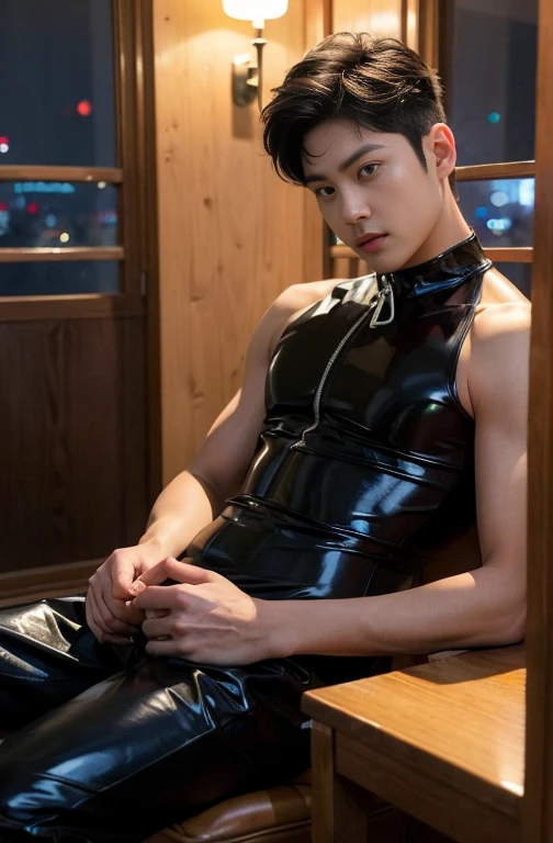 Japan man，Man,Youth，Best quality, crisp quality, Masterpiece, Highest resolution, Highly detailed, Red latex ，One-piece latex leotard，Tight latex ，No zipper，love heart，chest muscle，Full-body muscular figure，night club，mtu,Gay，head to toe，toeless legwear，mitts，Collar ,only boy , only male, buzz cut hairstyle  , wide pelvis ,  wide hips , phat hips , thick thighs, (((only male , only boy)))