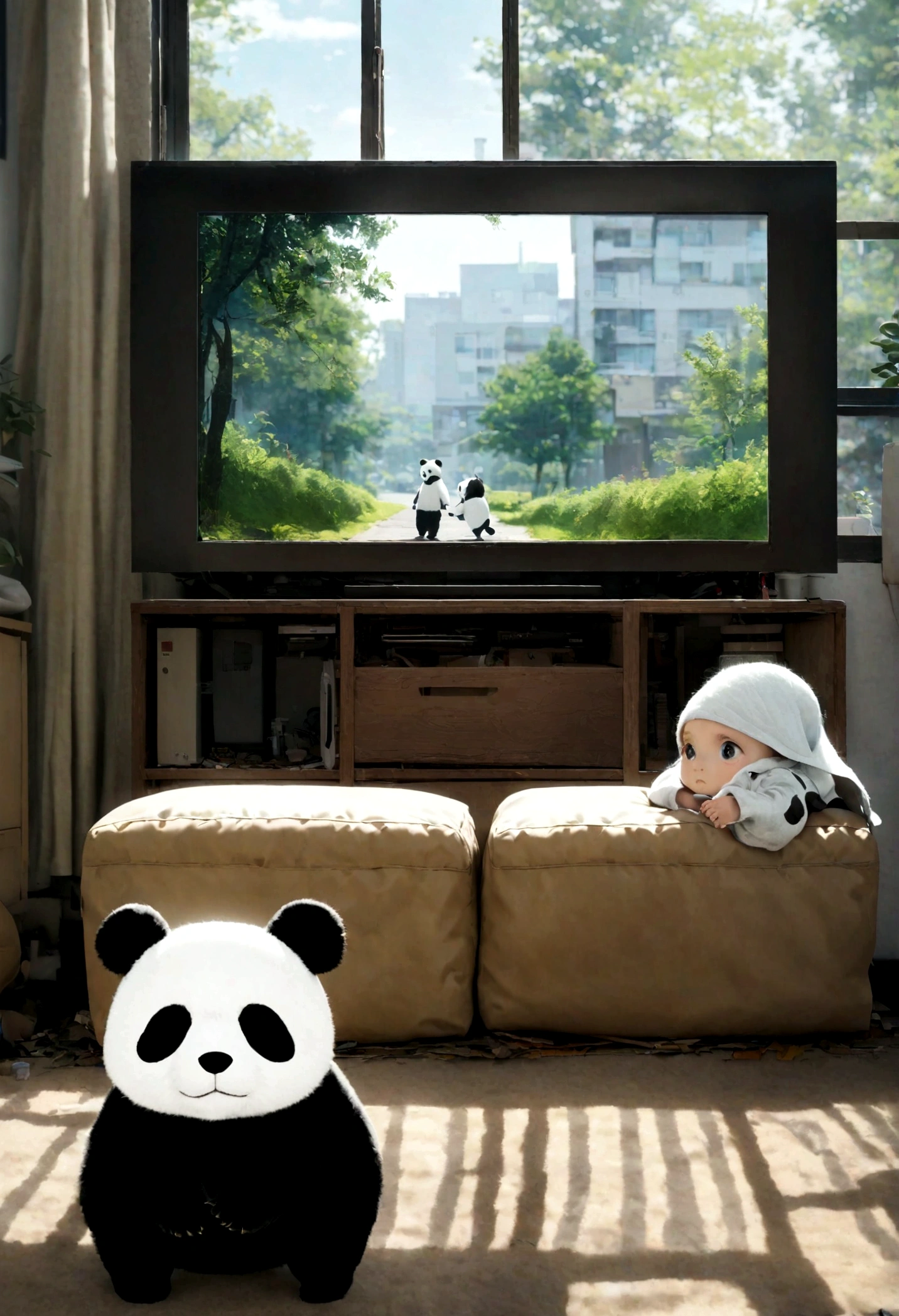 Help me draw a panda It's a baby panda I live in a modern apartment with big windows. Baby panda is watching big TV 4K Real Still a small panda