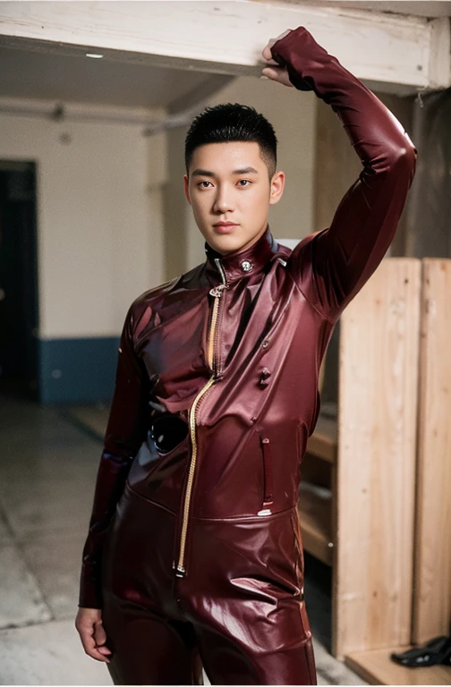 Japan man，Man,Youth，Best quality, crisp quality, Masterpiece, Highest resolution, Highly detailed, Red latex ，One-piece latex leotard，Tight latex ，No zipper，love heart，chest muscle，Full-body muscular figure，night club，mtu,Gay，head to toe，toeless legwear，mitts，Collar ,only boy , only male, buzz cut hairstyle  , wide pelvis ,  wide hips , phat hips , thick thighs, (((only male , only boy))) , looking at viewer ,  handsome korean boy ,  details eye