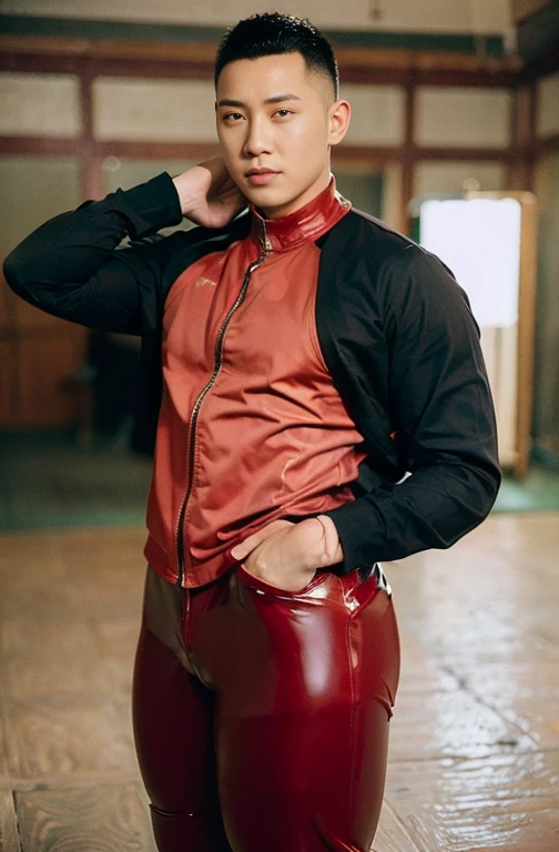 Japan man,Man,Youth,Best quality, crisp quality, Masterpiece, Highest resolution, Highly detailed, Red latex ,One-piece latex leotard,Tight latex ,No zipper,love heart,chest muscle,Full-body muscular figure,night club,mtu,Gay,head to toe,toeless legwear,mitts,Collar ,only boy , only male, buzz cut hairstyle , wide pelvis , wide hips , phat hips , thick thighs, (((only male , only boy))) , looking at viewer , handsome korean boy , details eye