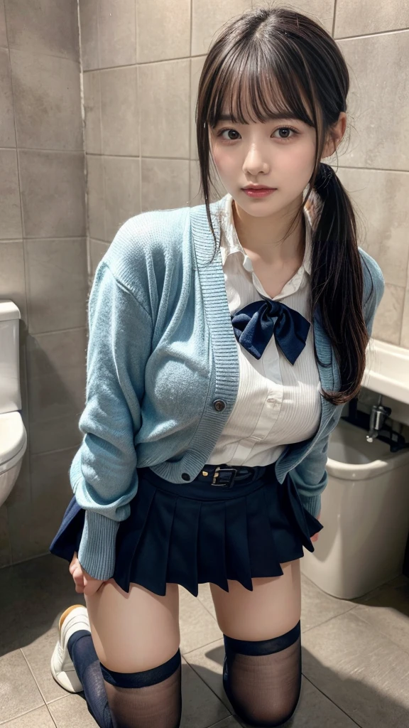 masterpiece, best quality, illustration, Super detailed, fine details, High resolution, 8K,wall paper, perfect dynamic composition,(Details High quality, realistic depiction of eyes:1.3), High School Classroom、(Toilet cubicles:1.2), (urinal)、Cardigan、Super Short Check Uniform Skirt、Navy blue high socks、garterbelts、Colossal tits、Disturbed uniform、low ponytail, black hair color, sexy pose, on all fours, Big Natural Color Lip, bold sexy pose, (perfect body shape), crying a little、cold gaze, Harajuku style、20 year old girl、cute type, beautiful legs, hposing Gravure Idol, Voluptuous thighs