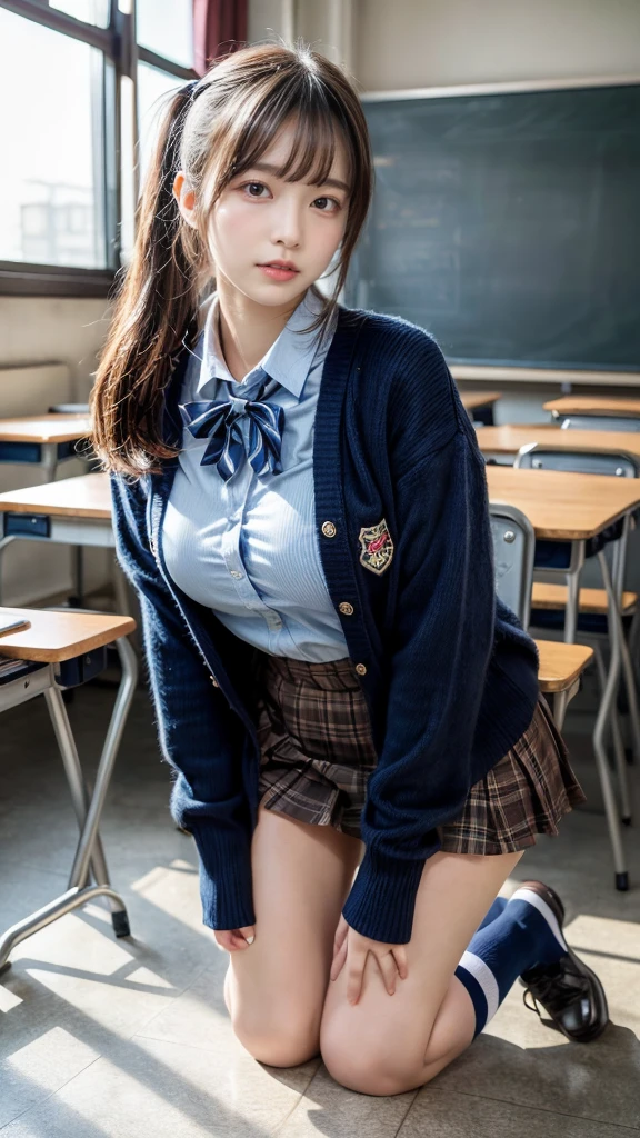 masterpiece, best quality, illustration, Super detailed, fine details, High resolution, 8K,wall paper, perfect dynamic composition,(Details High quality, realistic depiction of eyes:1.3), High School Classroom、High school girl uniform、Cardigan、Super Short Check Uniform Skirt、Navy blue high socks、garterbelts、Colossal tits、Disturbed uniform、low ponytail, black hair color, sexy pose, on all fours, Big Natural Color Lip, bold sexy pose, (perfect body shape), crying a little、cold gaze, Harajuku style、20 year old girl、cute type, beautiful legs, hposing Gravure Idol, Voluptuous thighs