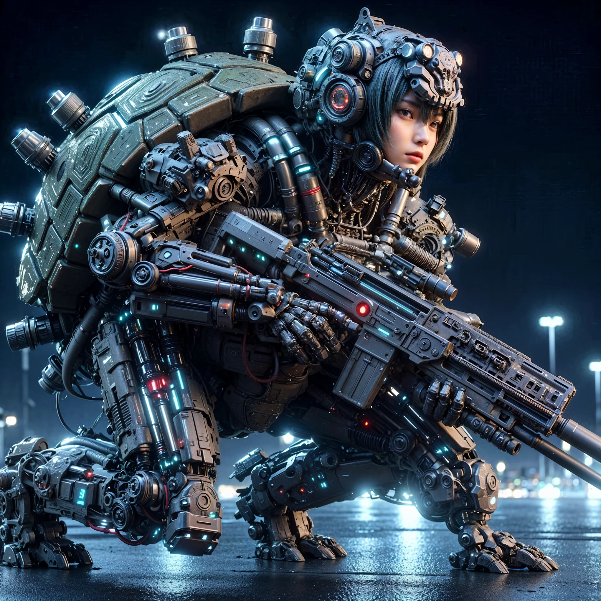 (masterpiece, best quality:1.2), (8k uhd, 16k, 32k, ultra high res), (ultimately intricate detail), (ultimately realistic texture), acrylic coating, turtle-like (mechanical:1.4) armor:1.1), designed by Katoki-Hajime, 1 person, beautiful face female soldier, multiple legs, heavily armored, heavy weapons, ultra realistic, full body shot, night view of bay industrial area, spotlight on character, Photorealistic style