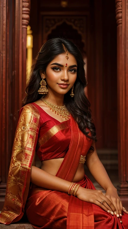 (high quality, masterpiece, HDR, 256K), (hyper-realistic, photorealism) 20 year old extremely beautiful Tamil girl, (intricate detailed extremely beautiful face, eyes, ears, nose, lips, textured skin), eyes symmetry, (bright smile). Sitting in the Temple Entrance. Full Body. Wearing Red Silk Saree. Front View.