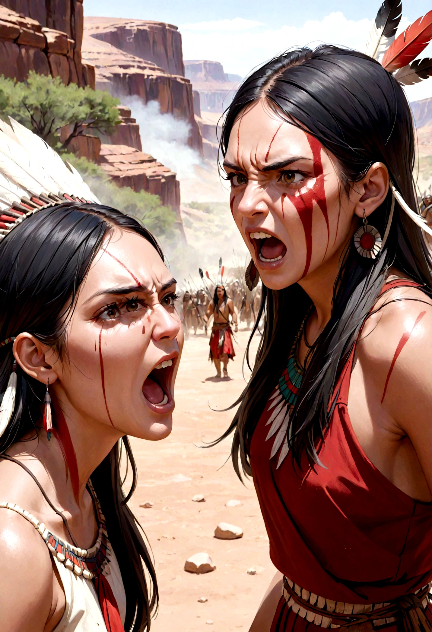 A Native American woman looking at a white man with an aggressive look. She shouts at him angrily. Her clothes are black/red. she has war paint on her face