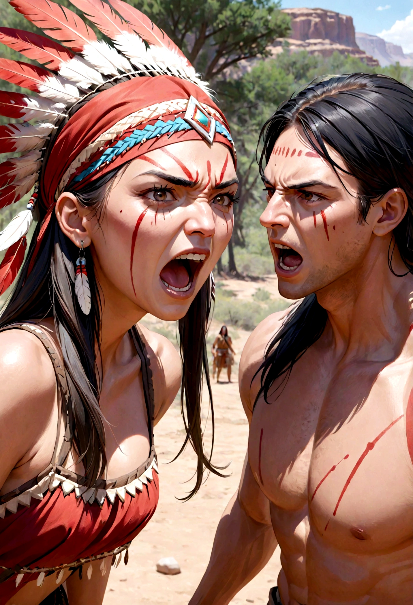 A Native American woman looking at a white man with an aggressive look. She shouts at him angrily. Her clothes are black/red. she has war paint on her face