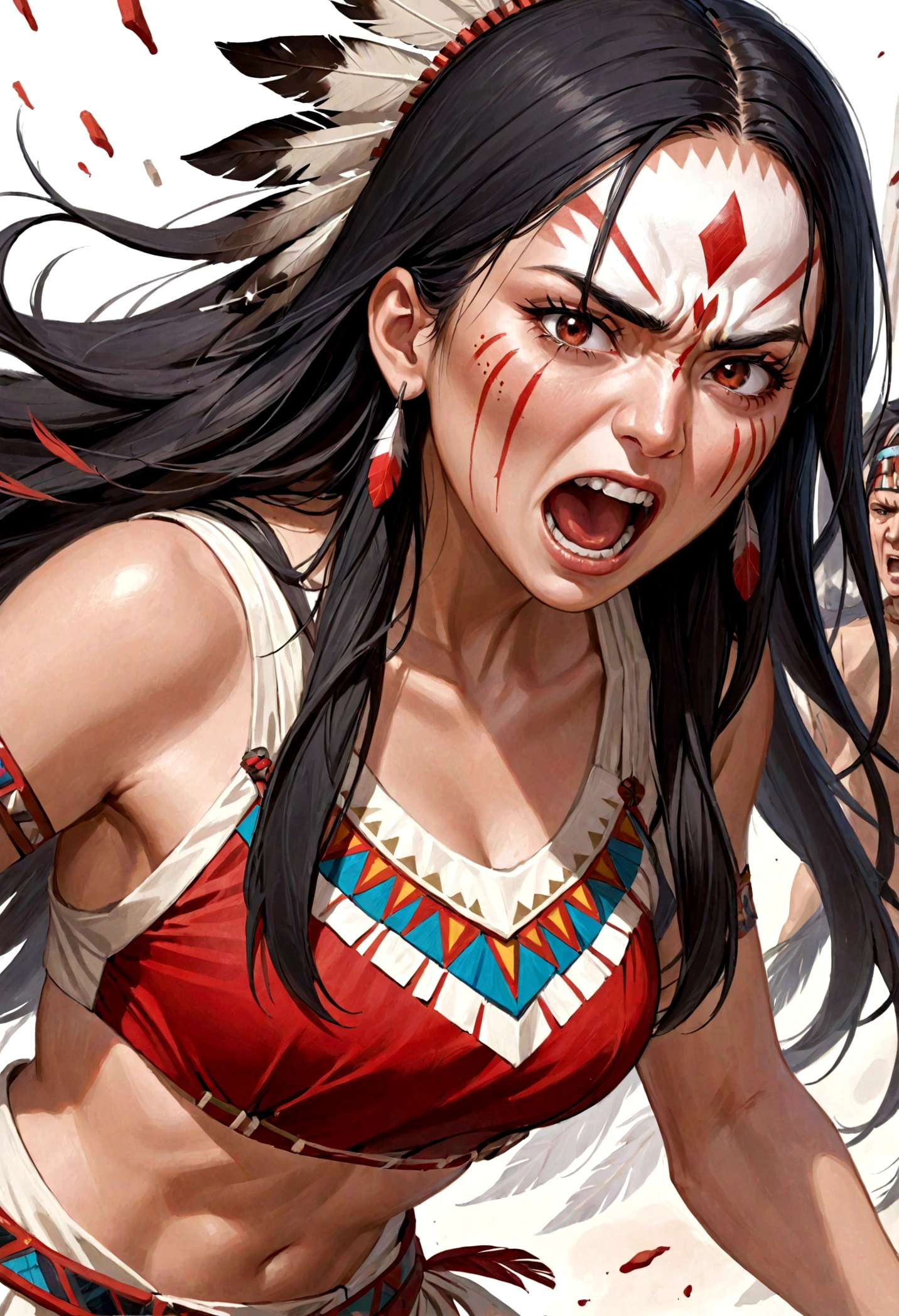 A Native American woman looking at a white man with an aggressive look. She shouts at him angrily. Her clothes are black/red. she has war paint on her face